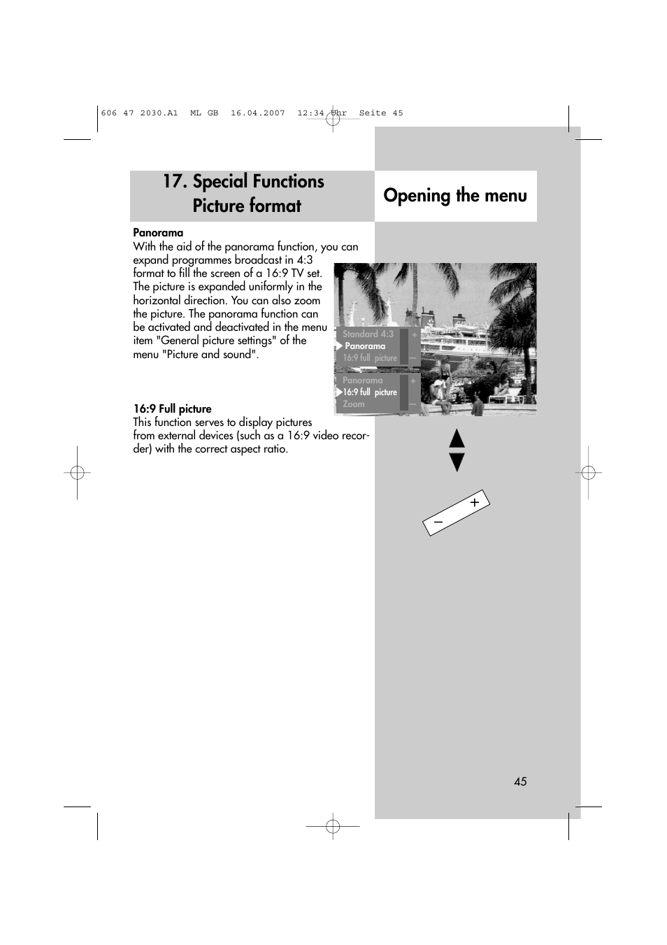 Special functions picture format opening the menu | Metz LCD-TV None User Manual | Page 45 / 116