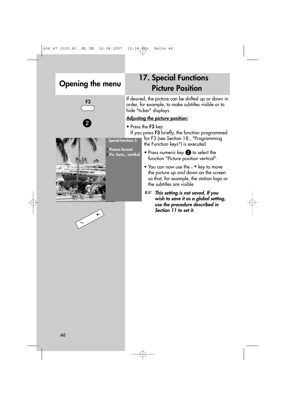 Special functions picture position, Opening the menu | Metz LCD-TV None User Manual | Page 46 / 116