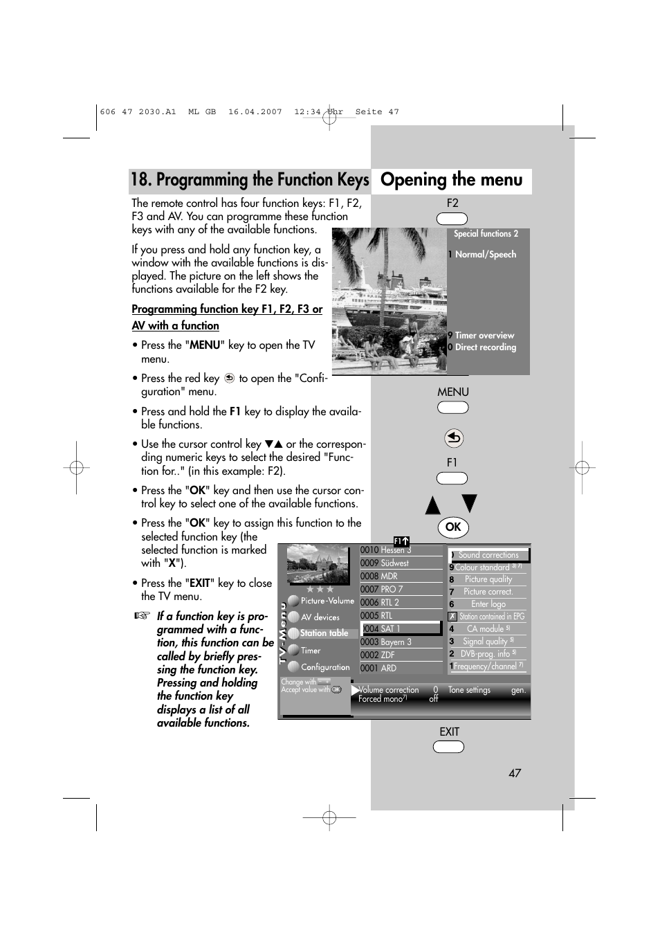 Programming the function keys opening the menu | Metz LCD-TV None User Manual | Page 47 / 116