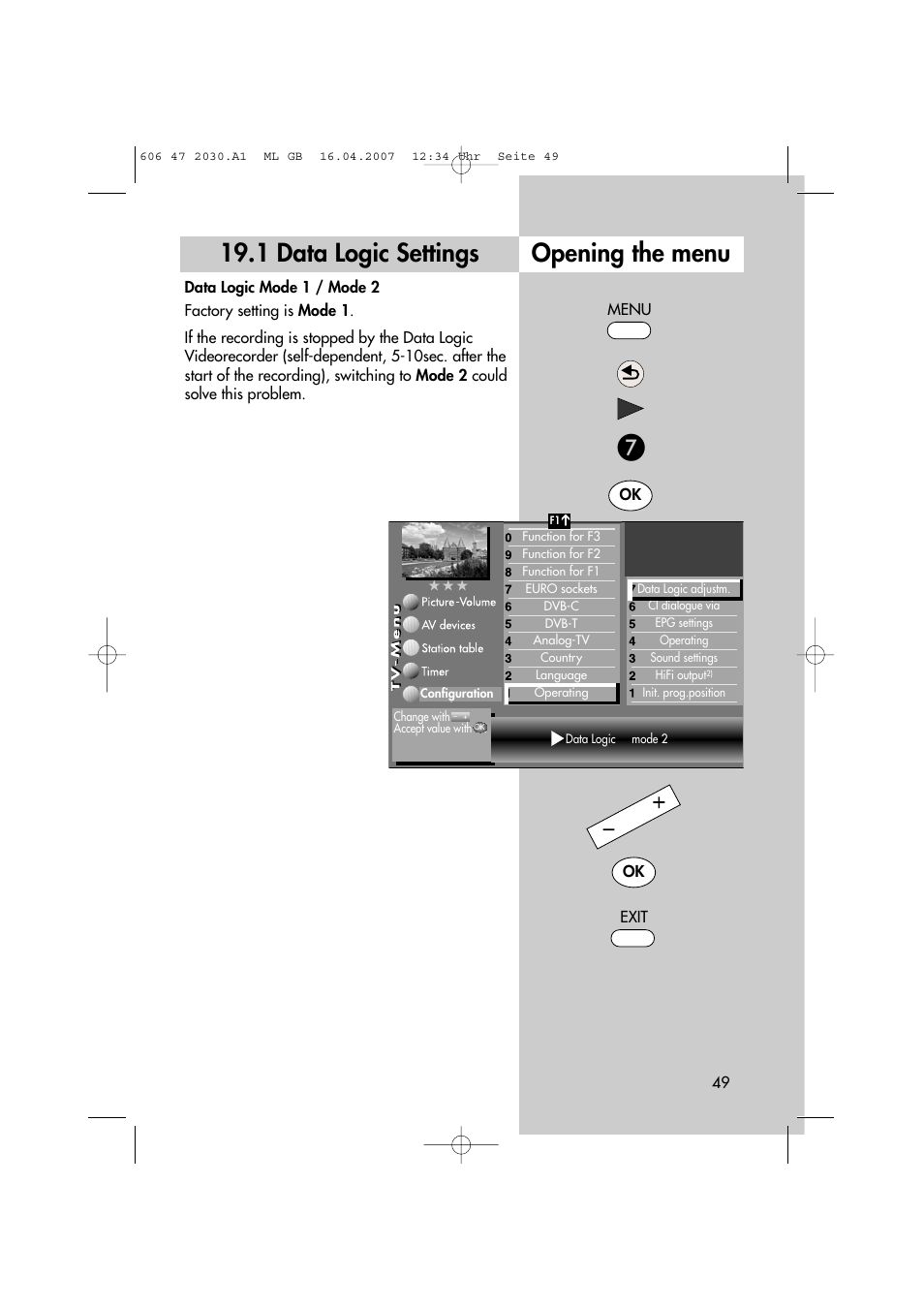 1 data logic settings, Opening the menu | Metz LCD-TV None User Manual | Page 49 / 116