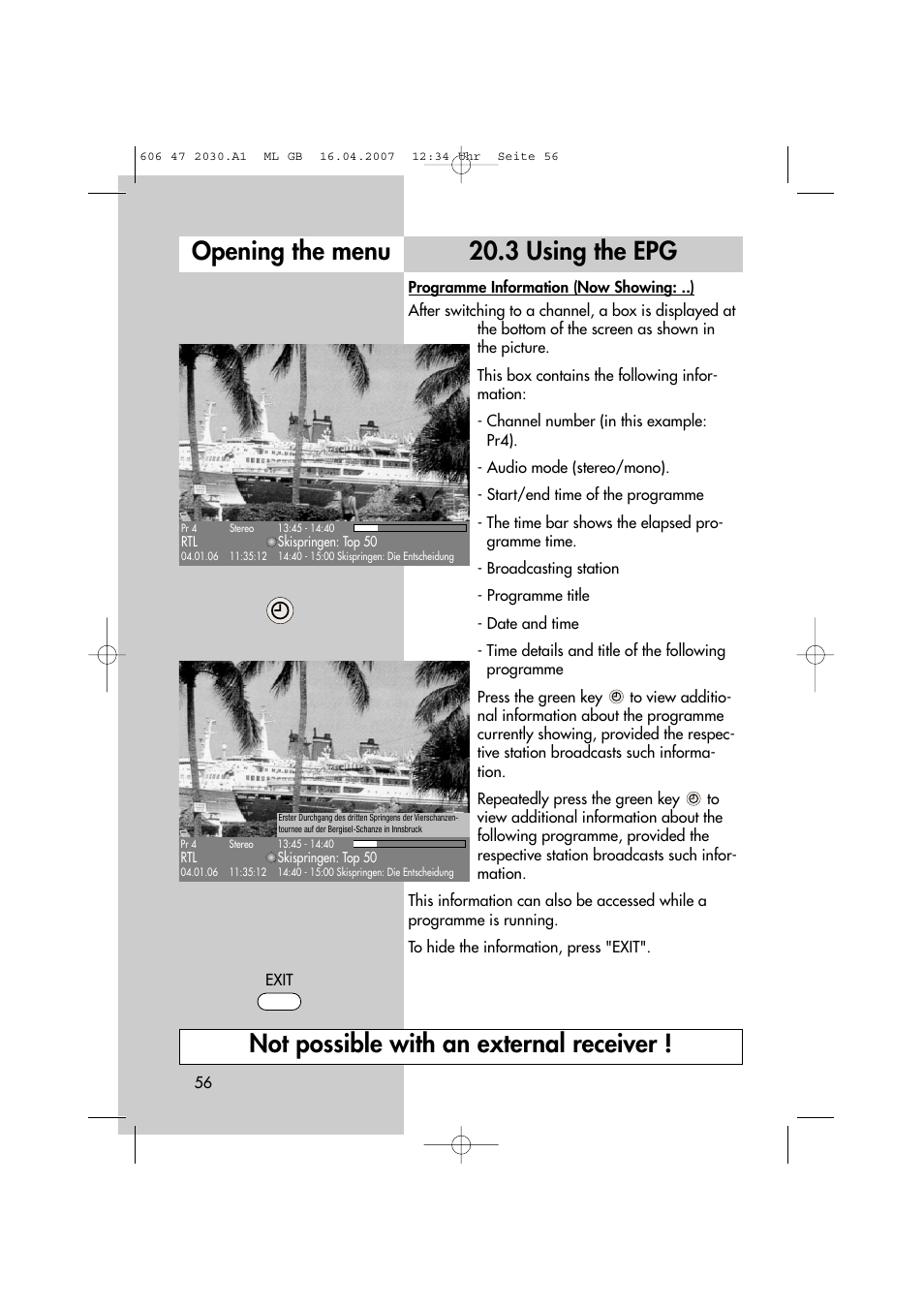 3 using the epg opening the menu, Not possible with an external receiver | Metz LCD-TV None User Manual | Page 56 / 116