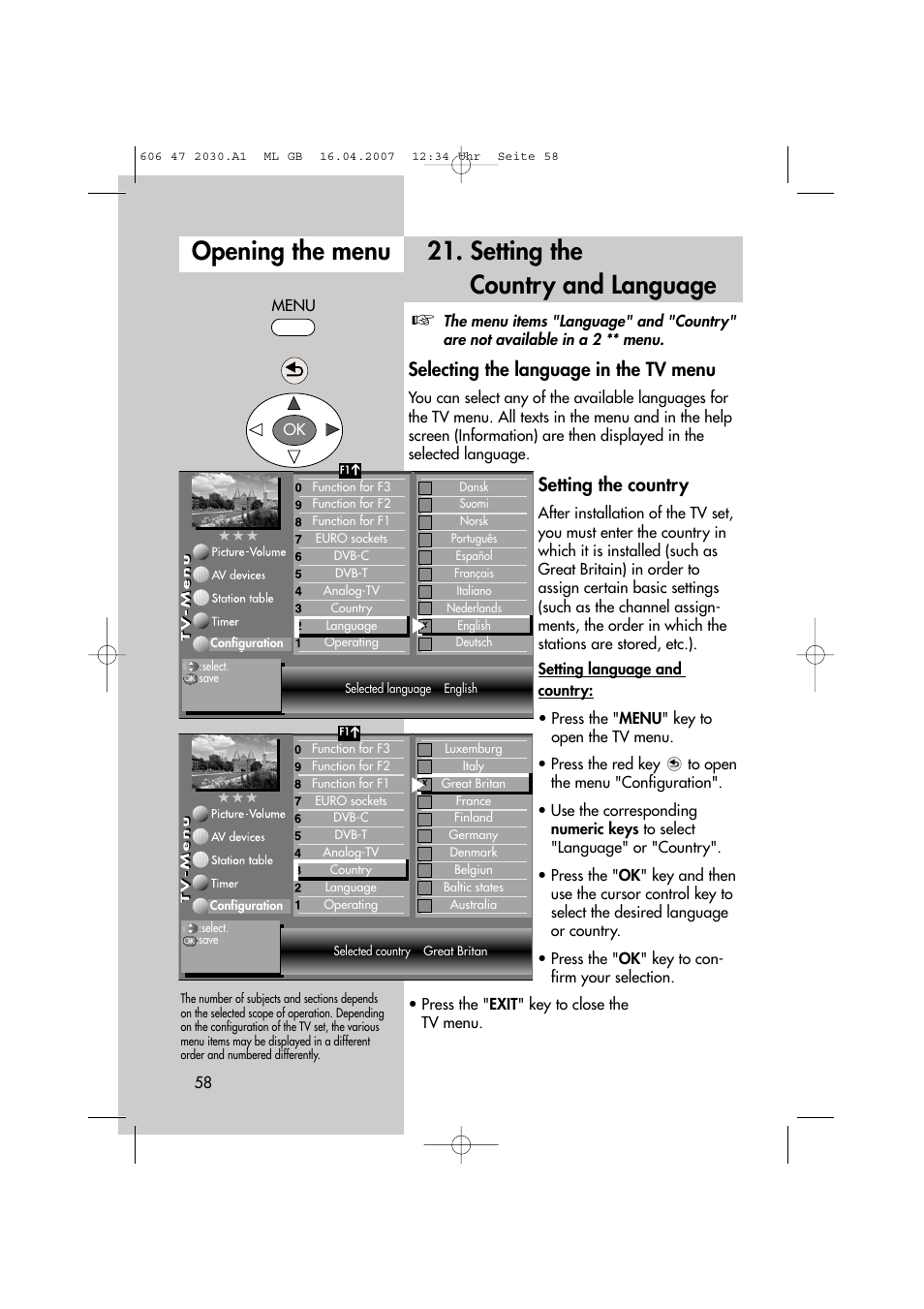 Setting the country and language, Opening the menu, Selecting the language in the tv menu | Setting the country | Metz LCD-TV None User Manual | Page 58 / 116