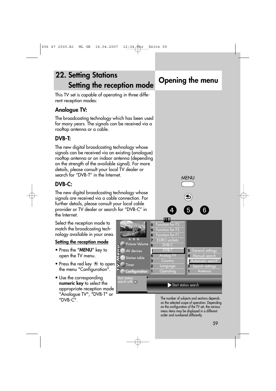 ᕤ ᕥ ᕦ, Setting stations setting the reception mode, Opening the menu | Analogue tv, Dvb-t, Dvb-c | Metz LCD-TV None User Manual | Page 59 / 116