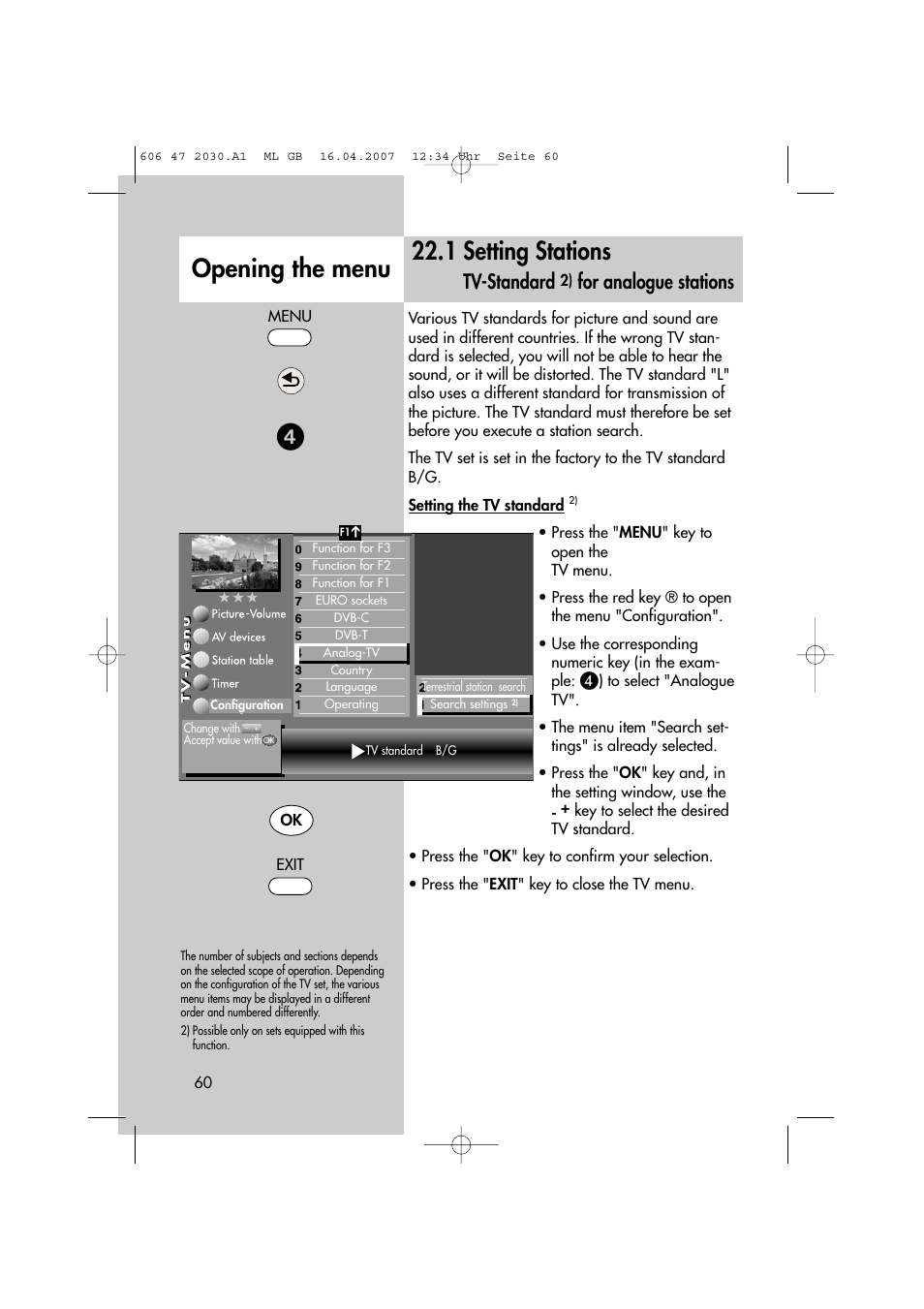 Opening the menu 22.1 setting stations, Tv-standard, For analogue stations | Metz LCD-TV None User Manual | Page 60 / 116