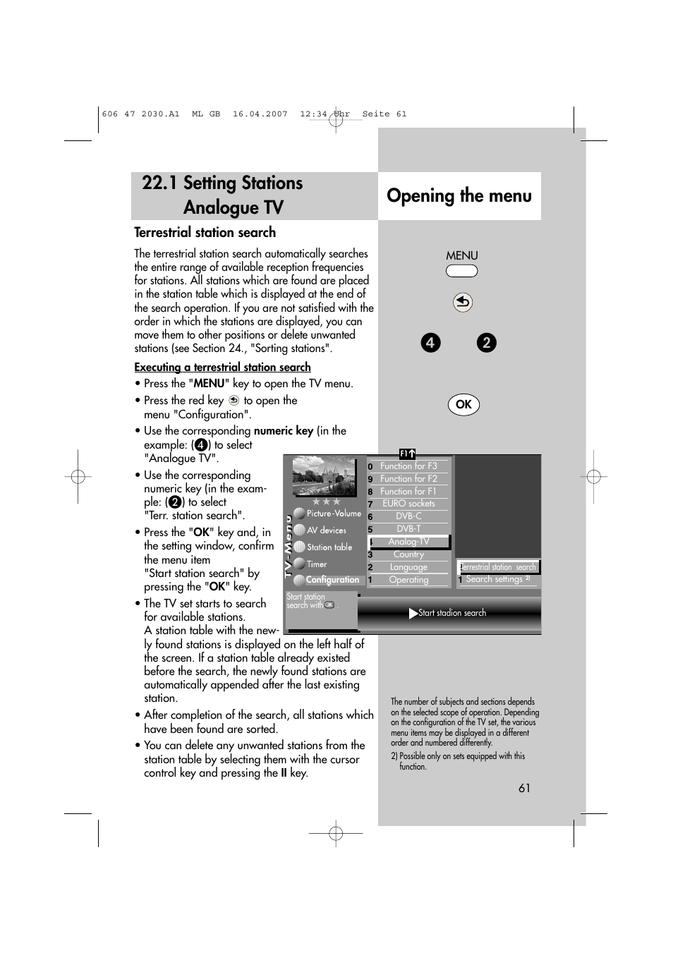 Opening the menu 22.1 setting stations analogue tv, Terrestrial station search | Metz LCD-TV None User Manual | Page 61 / 116