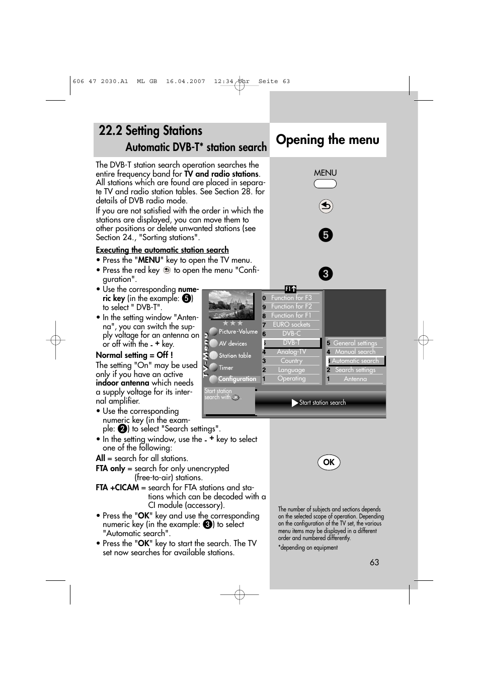 2 setting stations, Opening the menu, Automatic dvb-t* station search | Metz LCD-TV None User Manual | Page 63 / 116