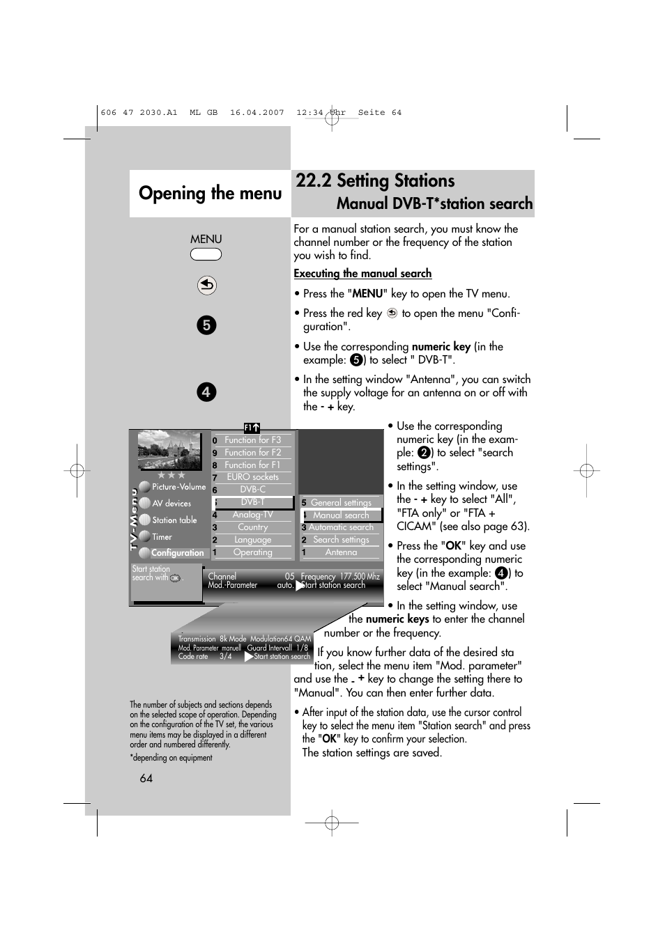 2 setting stations, Opening the menu, Manual dvb-t*station search | Metz LCD-TV None User Manual | Page 64 / 116