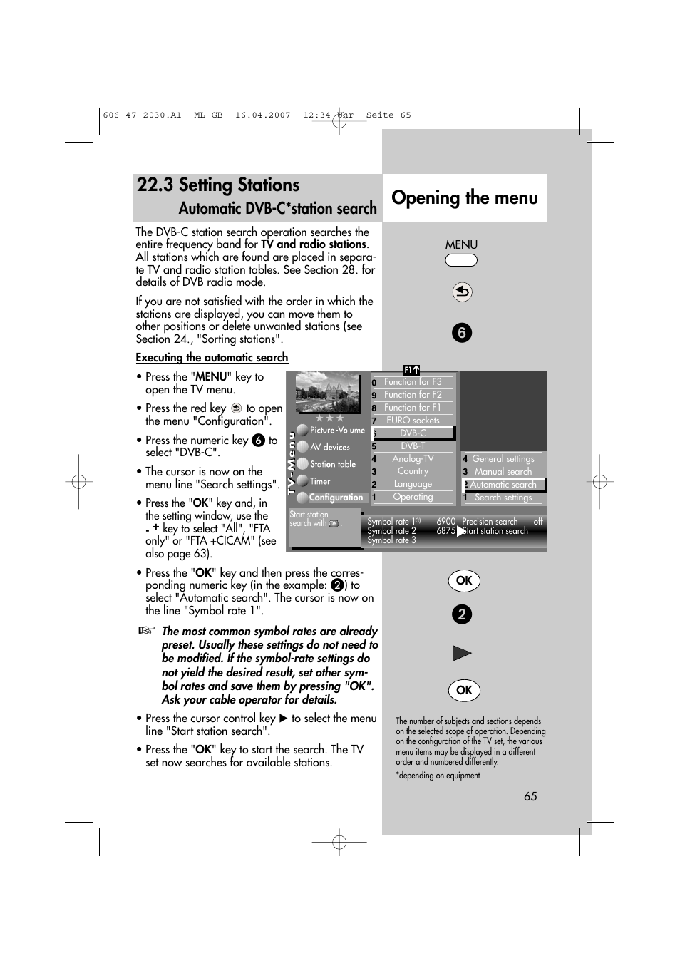 3 setting stations, Opening the menu, Automatic dvb-c*station search | Metz LCD-TV None User Manual | Page 65 / 116