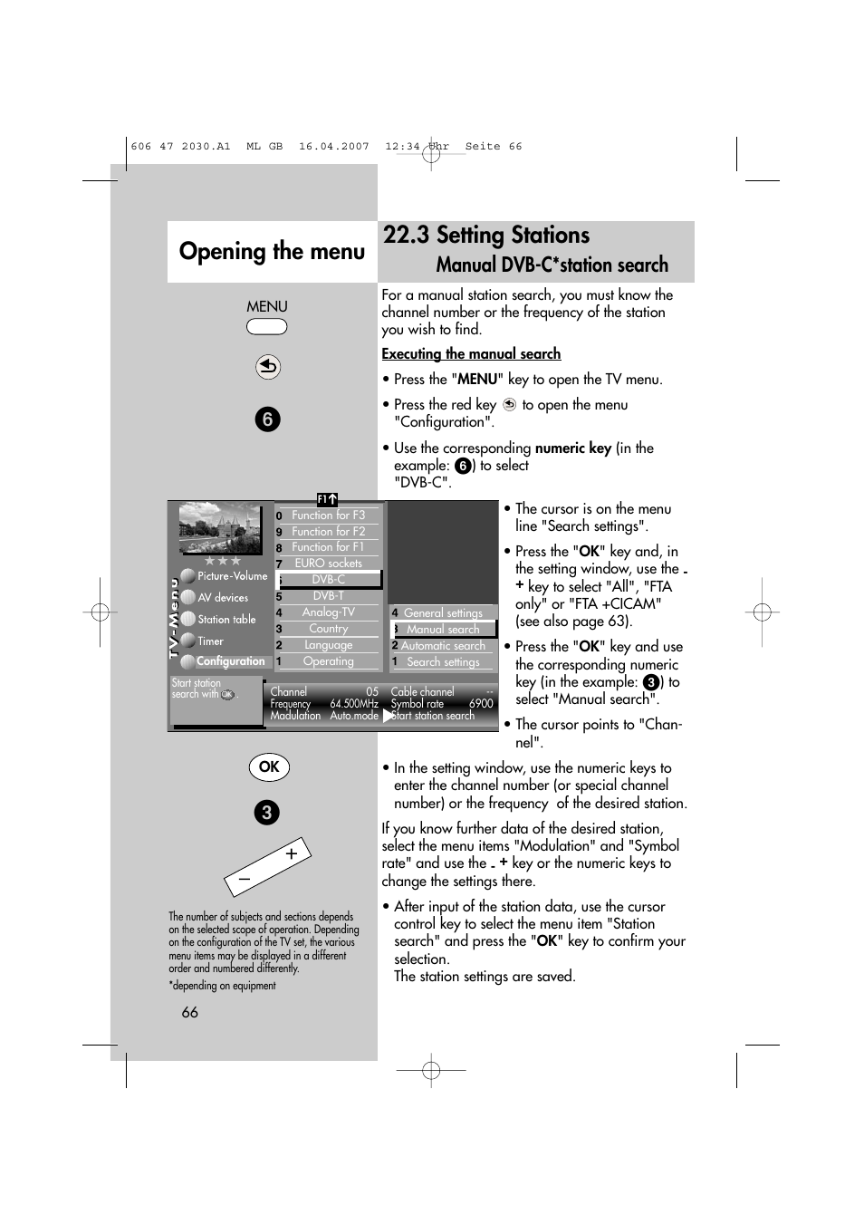 3 setting stations, Opening the menu, Manual dvb-c*station search | Metz LCD-TV None User Manual | Page 66 / 116