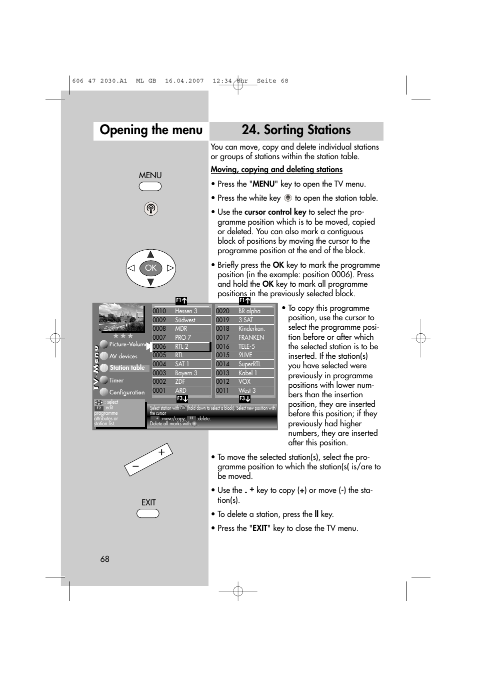 Sorting stations, Opening the menu | Metz LCD-TV None User Manual | Page 68 / 116