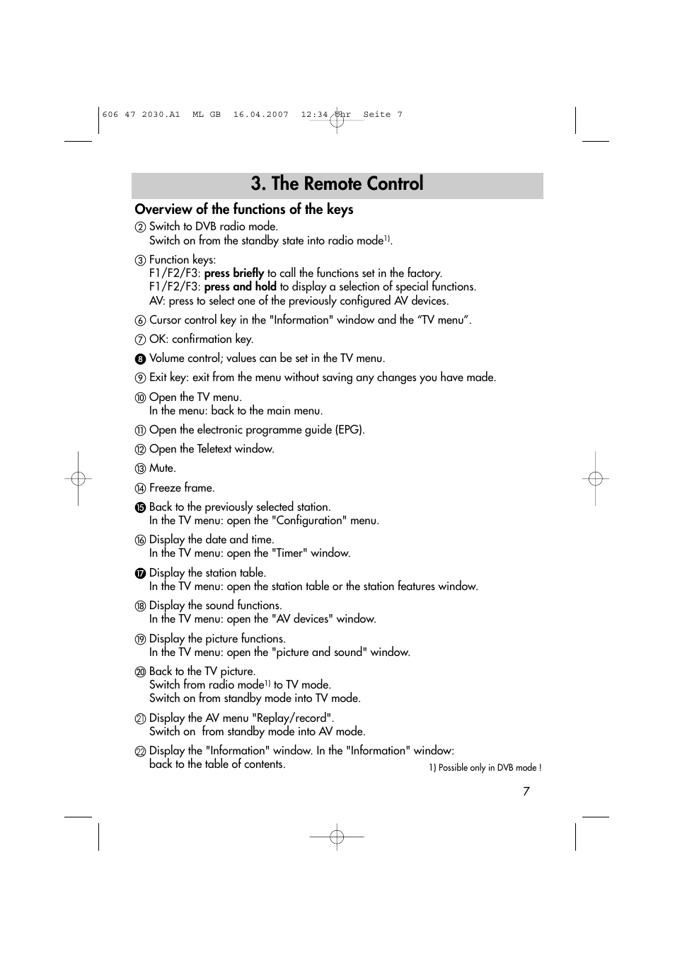 The remote control, Overview of the functions of the keys | Metz LCD-TV None User Manual | Page 7 / 116