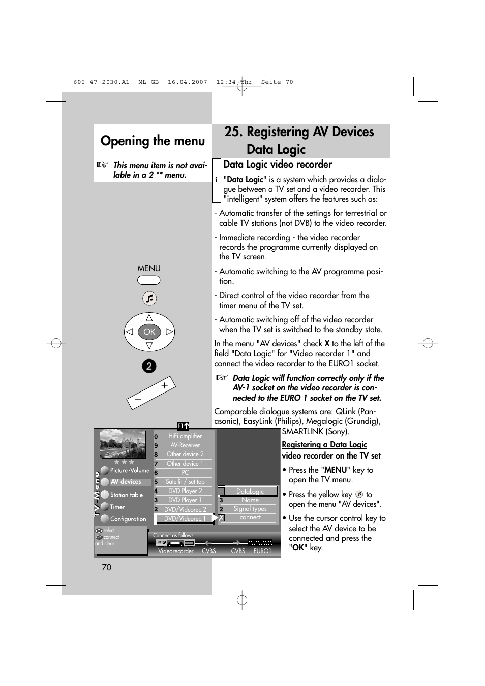 Registering av devices data logic, Opening the menu, Data logic video recorder | Metz LCD-TV None User Manual | Page 70 / 116