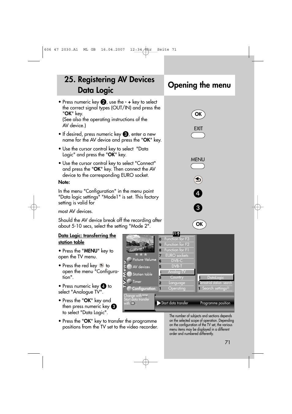 Registering av devices data logic opening the menu | Metz LCD-TV None User Manual | Page 71 / 116