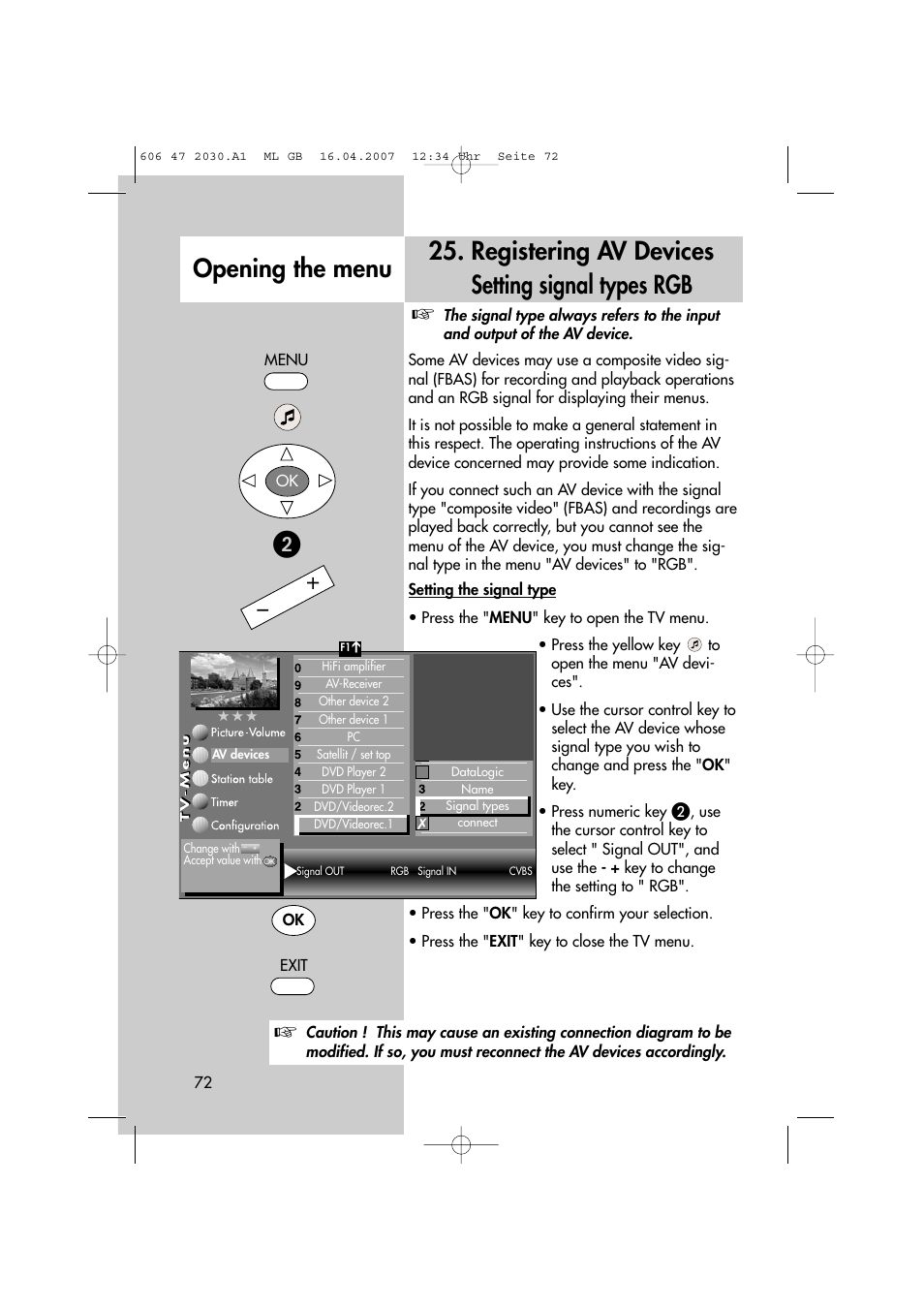 Registering av devices setting signal types rgb, Opening the menu | Metz LCD-TV None User Manual | Page 72 / 116