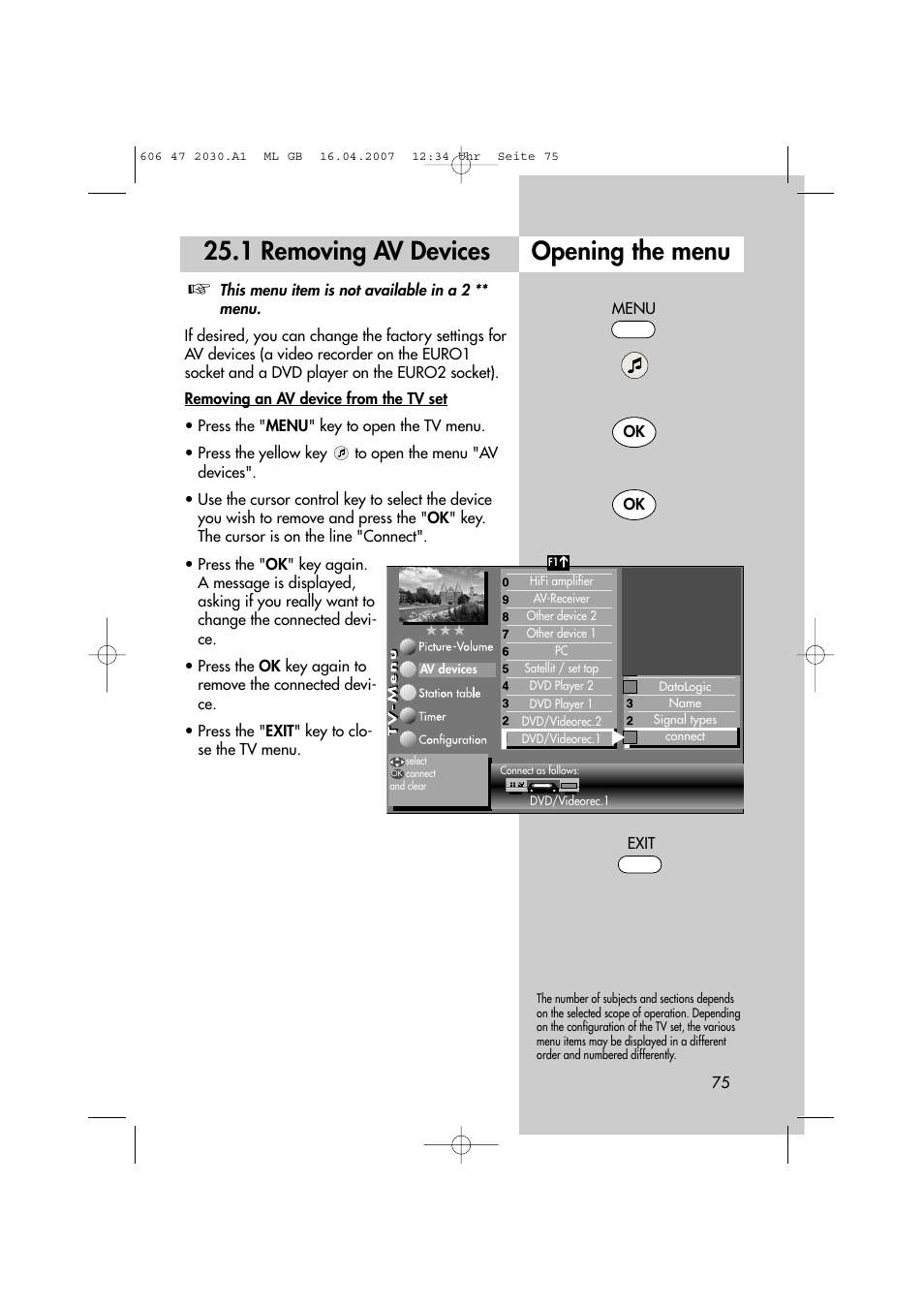 1 removing av devices opening the menu | Metz LCD-TV None User Manual | Page 75 / 116