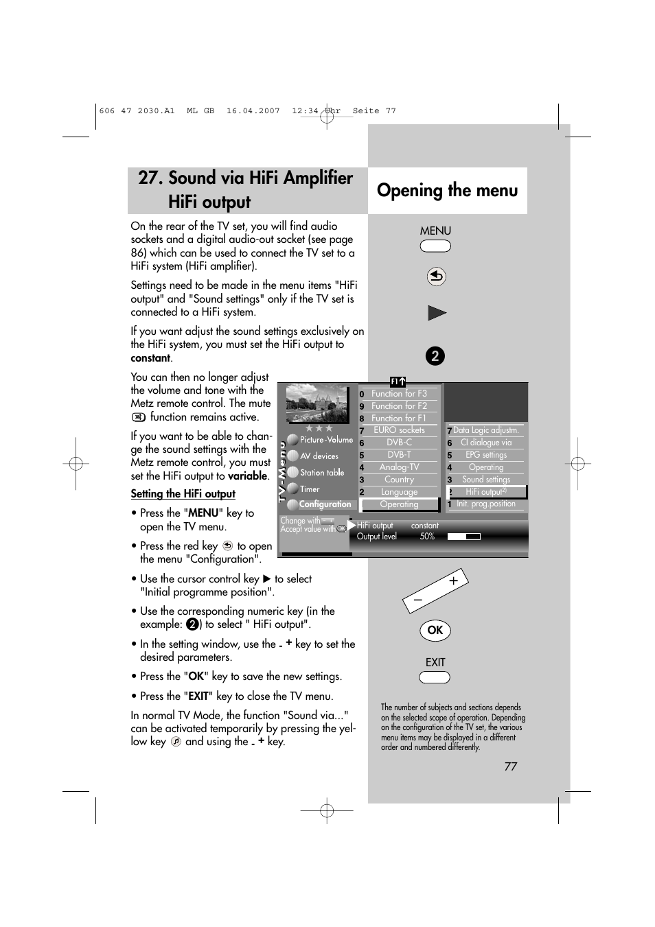 Sound via hifi amplifier hifi output, Opening the menu | Metz LCD-TV None User Manual | Page 77 / 116