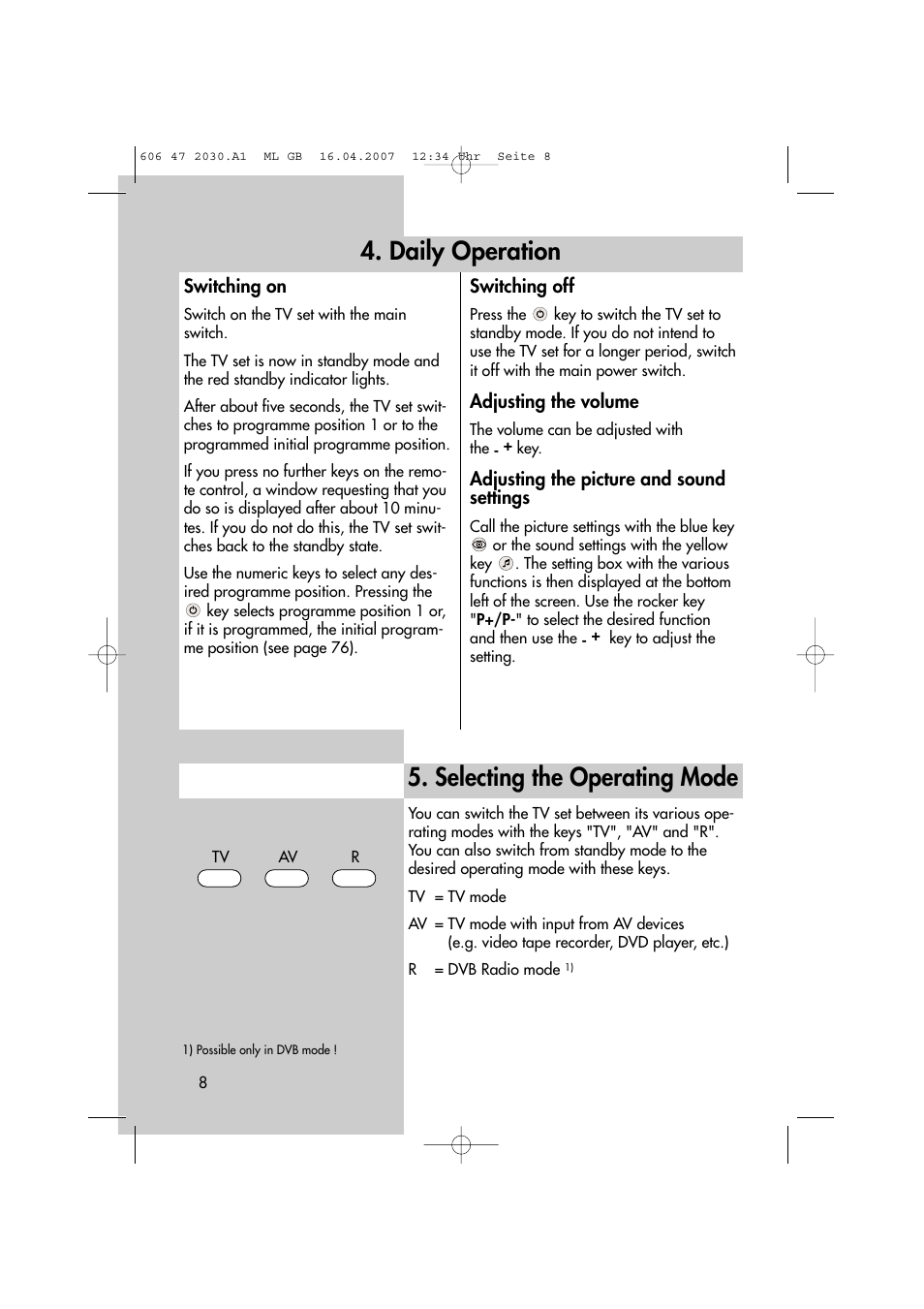 Daily operation, Selecting the operating mode | Metz LCD-TV None User Manual | Page 8 / 116