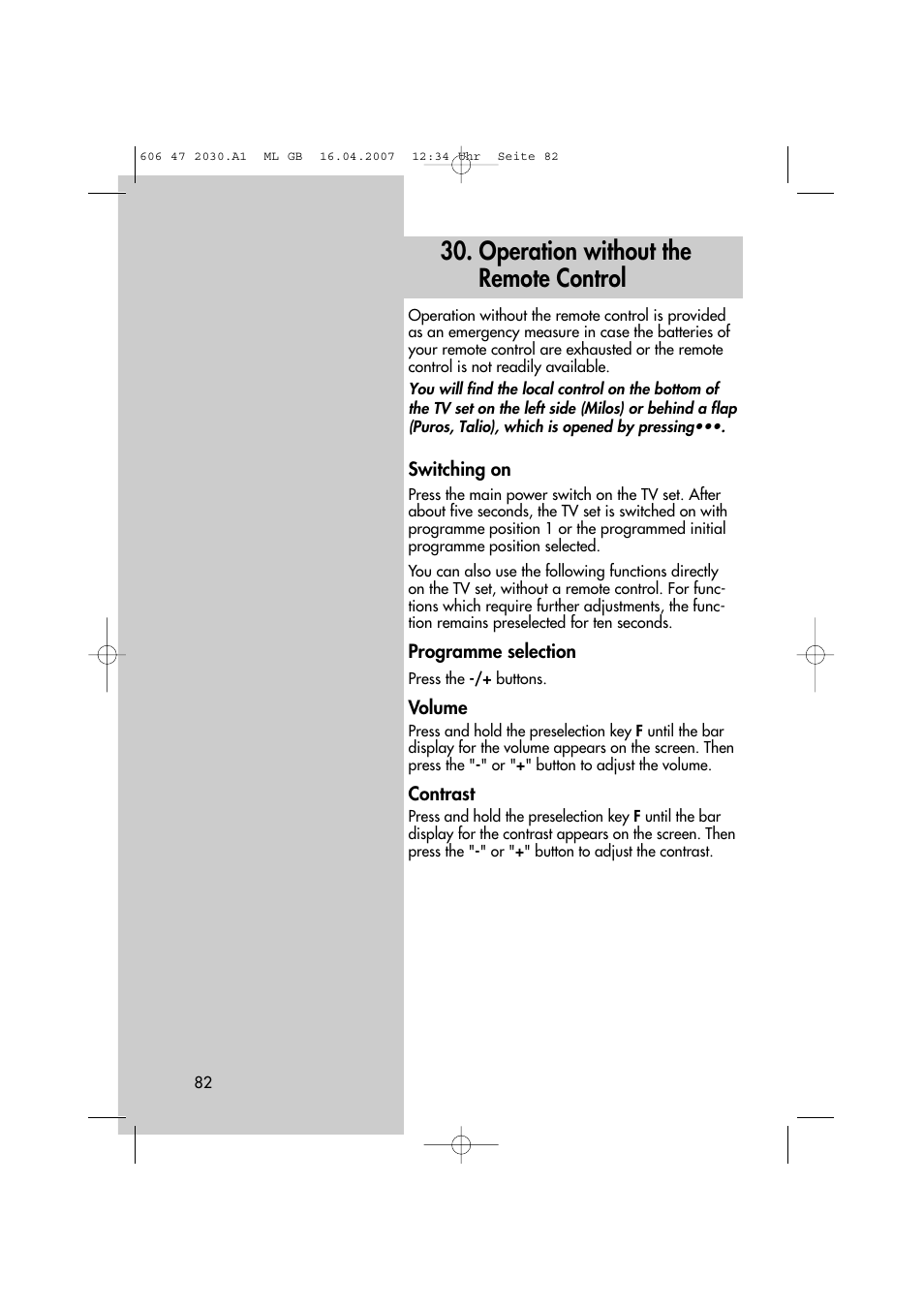 Operation without the remote control | Metz LCD-TV None User Manual | Page 82 / 116