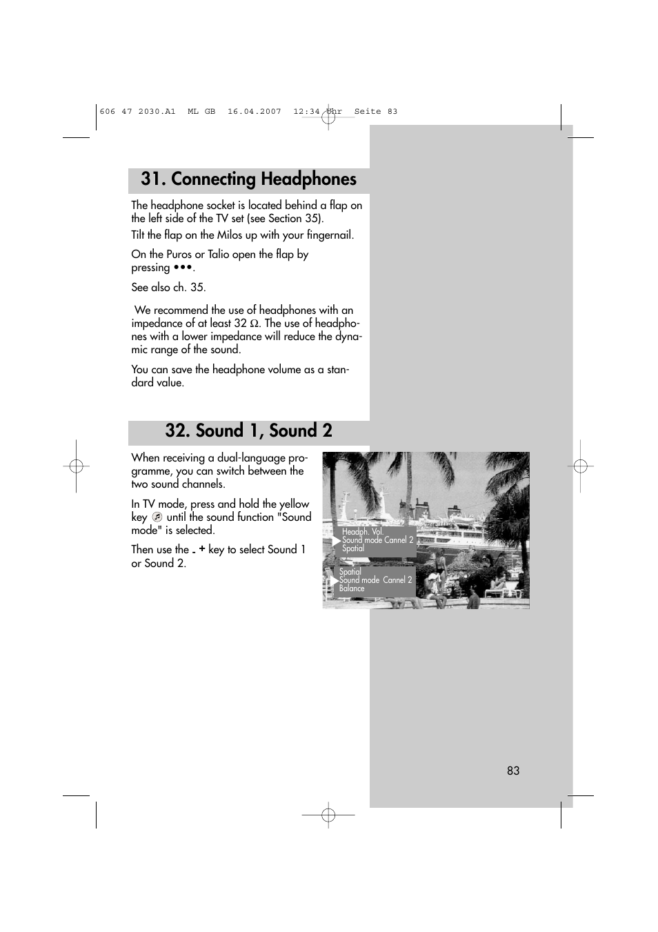 Sound 1, sound 2, Connecting headphones | Metz LCD-TV None User Manual | Page 83 / 116