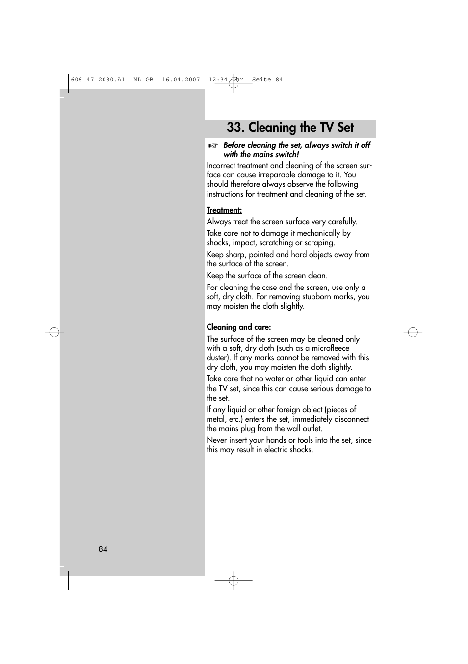Cleaning the tv set | Metz LCD-TV None User Manual | Page 84 / 116