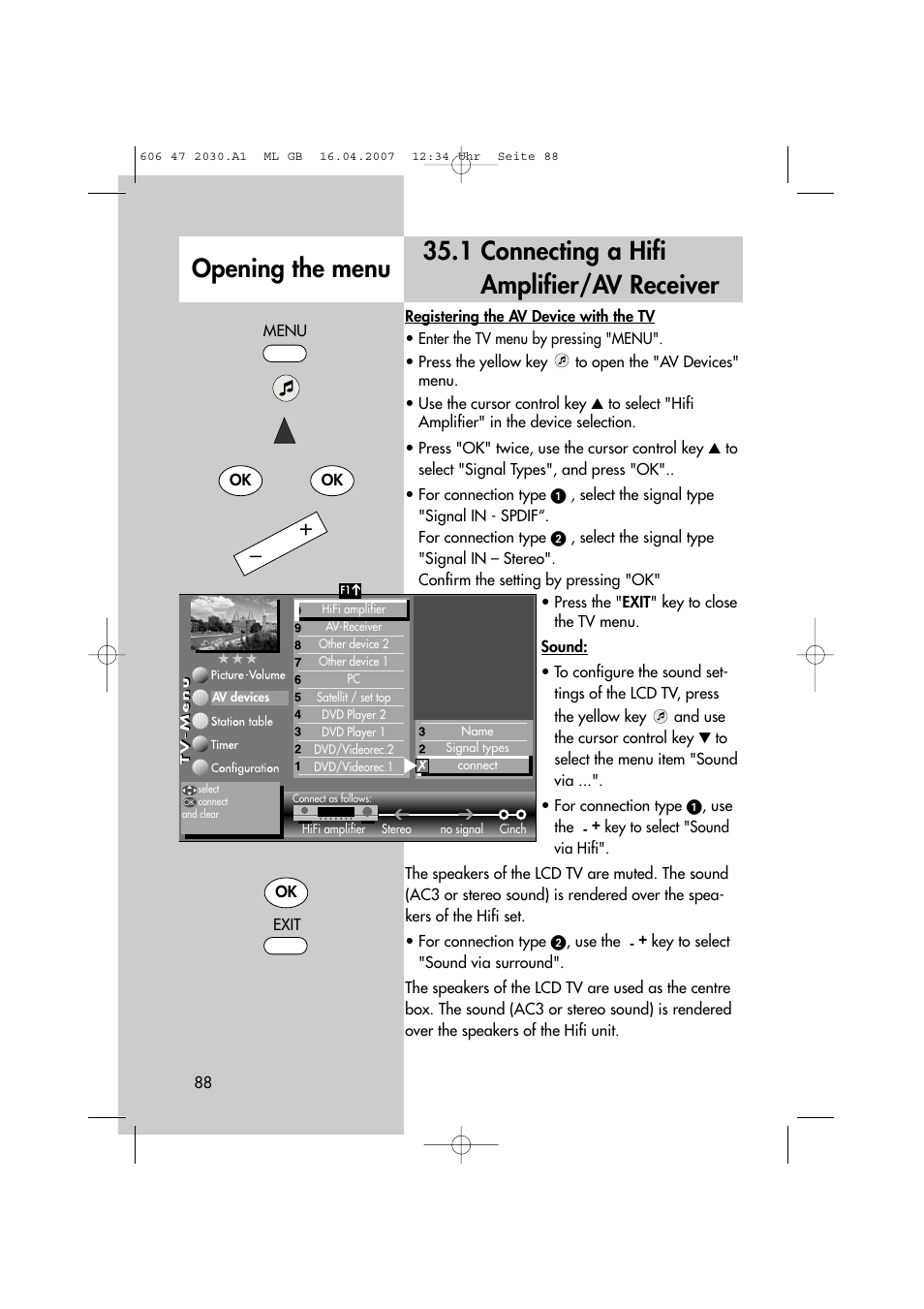 1 connecting a hifi amplifier/av receiver, Opening the menu | Metz LCD-TV None User Manual | Page 88 / 116