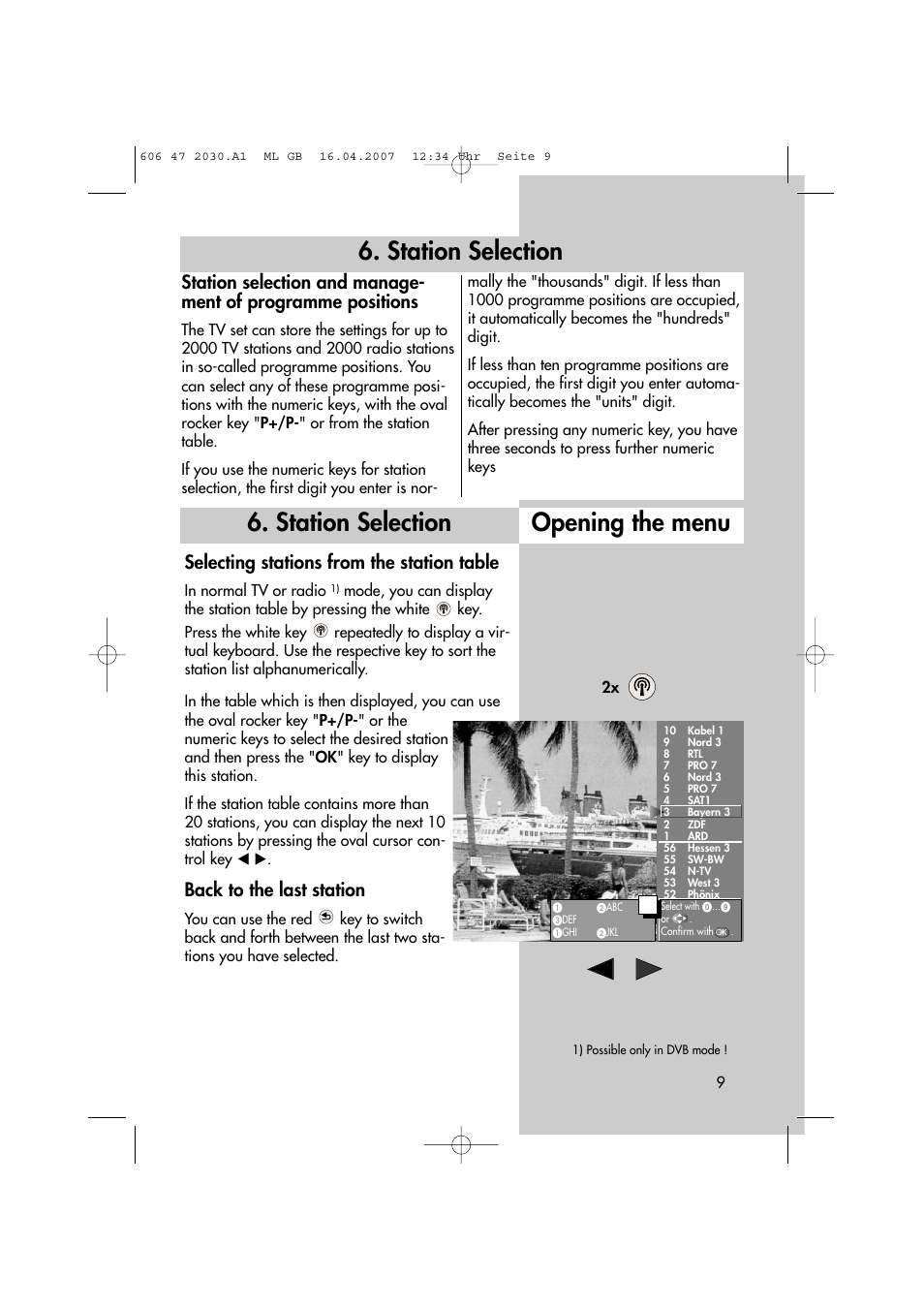 Station selection, Station selection opening the menu, Selecting stations from the station table | Back to the last station | Metz LCD-TV None User Manual | Page 9 / 116