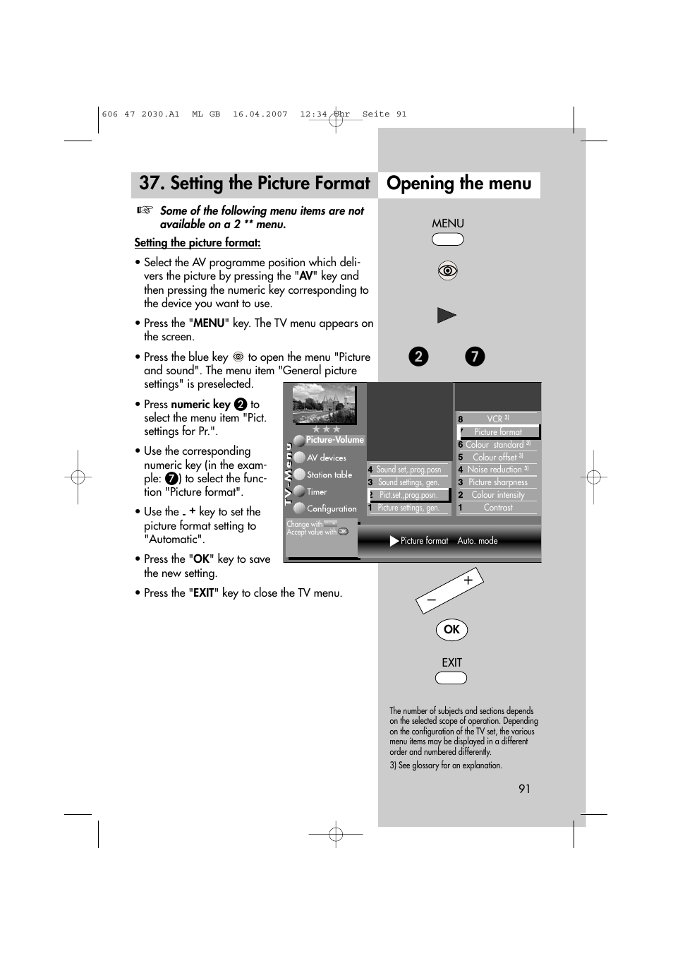 Opening the menu, Setting the picture format | Metz LCD-TV None User Manual | Page 91 / 116