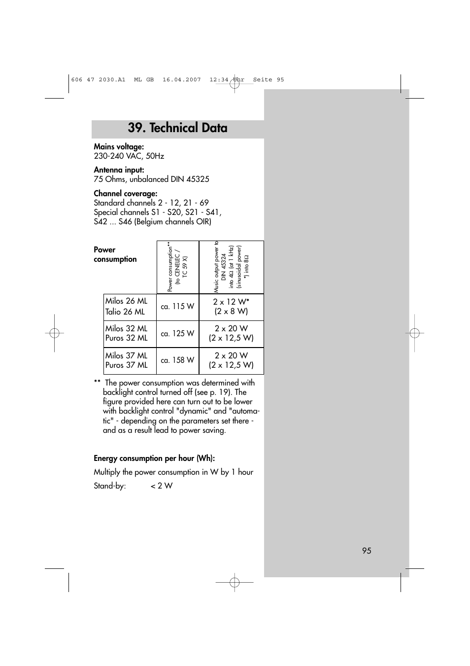 Technical data | Metz LCD-TV None User Manual | Page 95 / 116