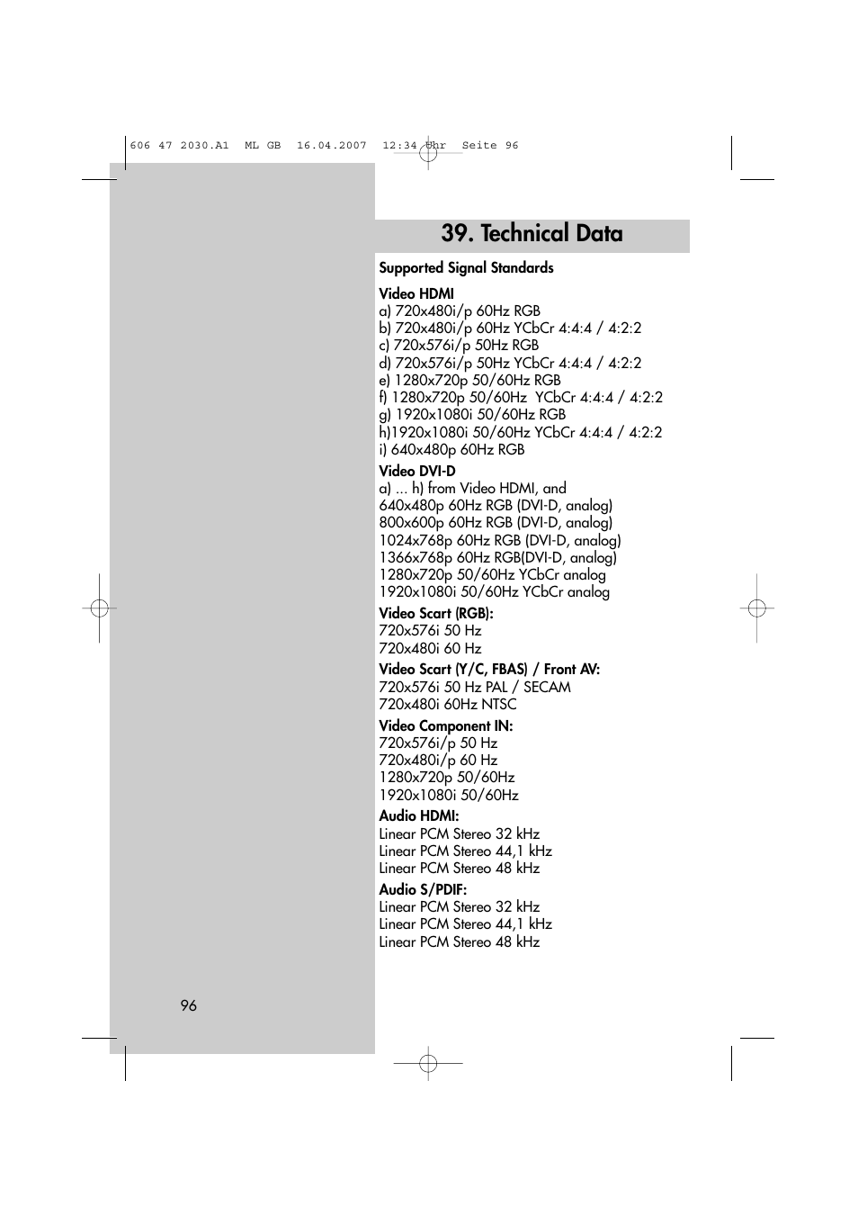 Technical data | Metz LCD-TV None User Manual | Page 96 / 116