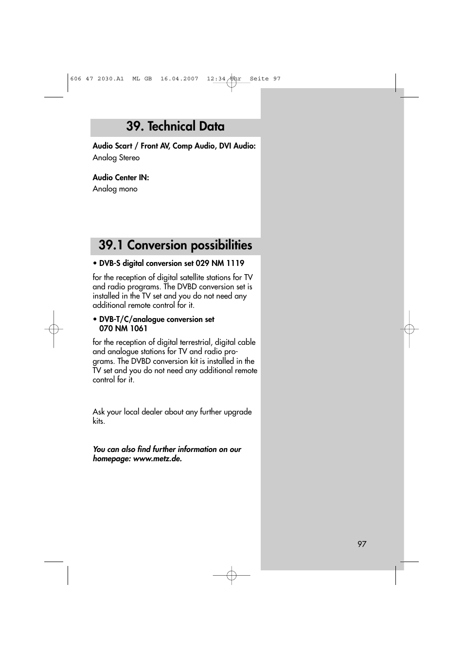 1 conversion possibilities, Technical data | Metz LCD-TV None User Manual | Page 97 / 116
