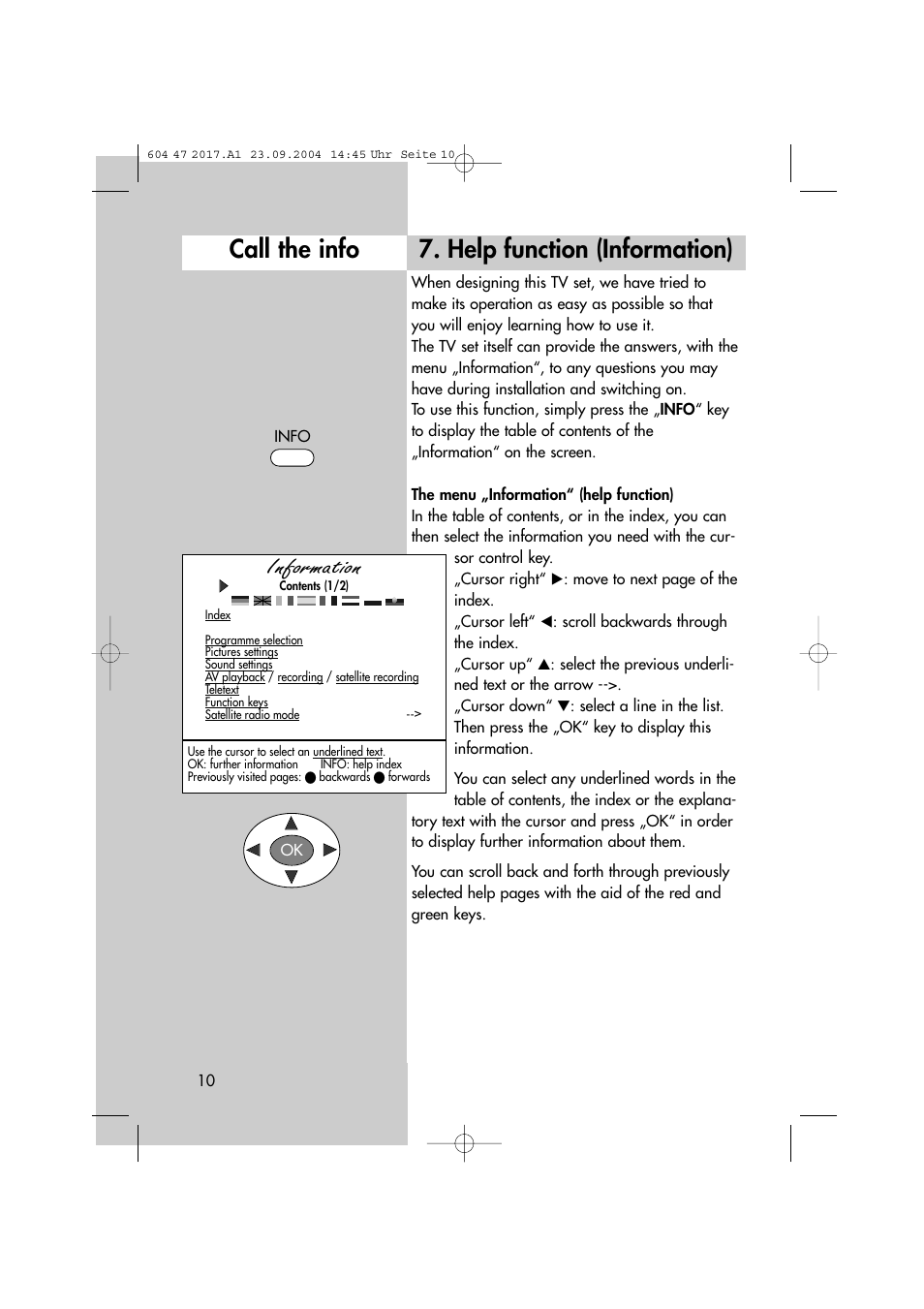 Help function (information), Call the info, Information | Metz MF 72TL68 User Manual | Page 10 / 64