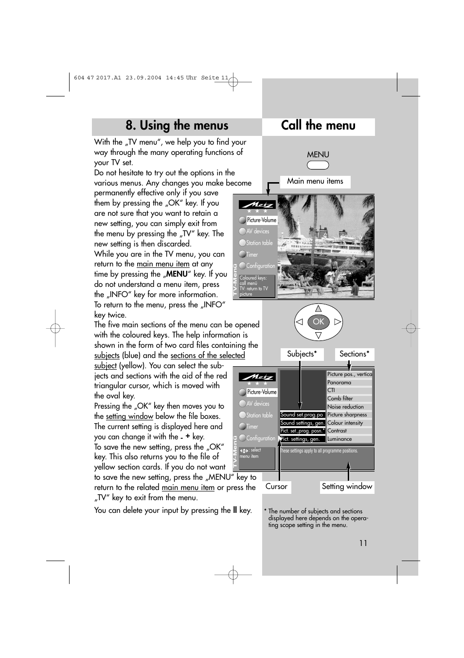 Using the menus call the menu | Metz MF 72TL68 User Manual | Page 11 / 64