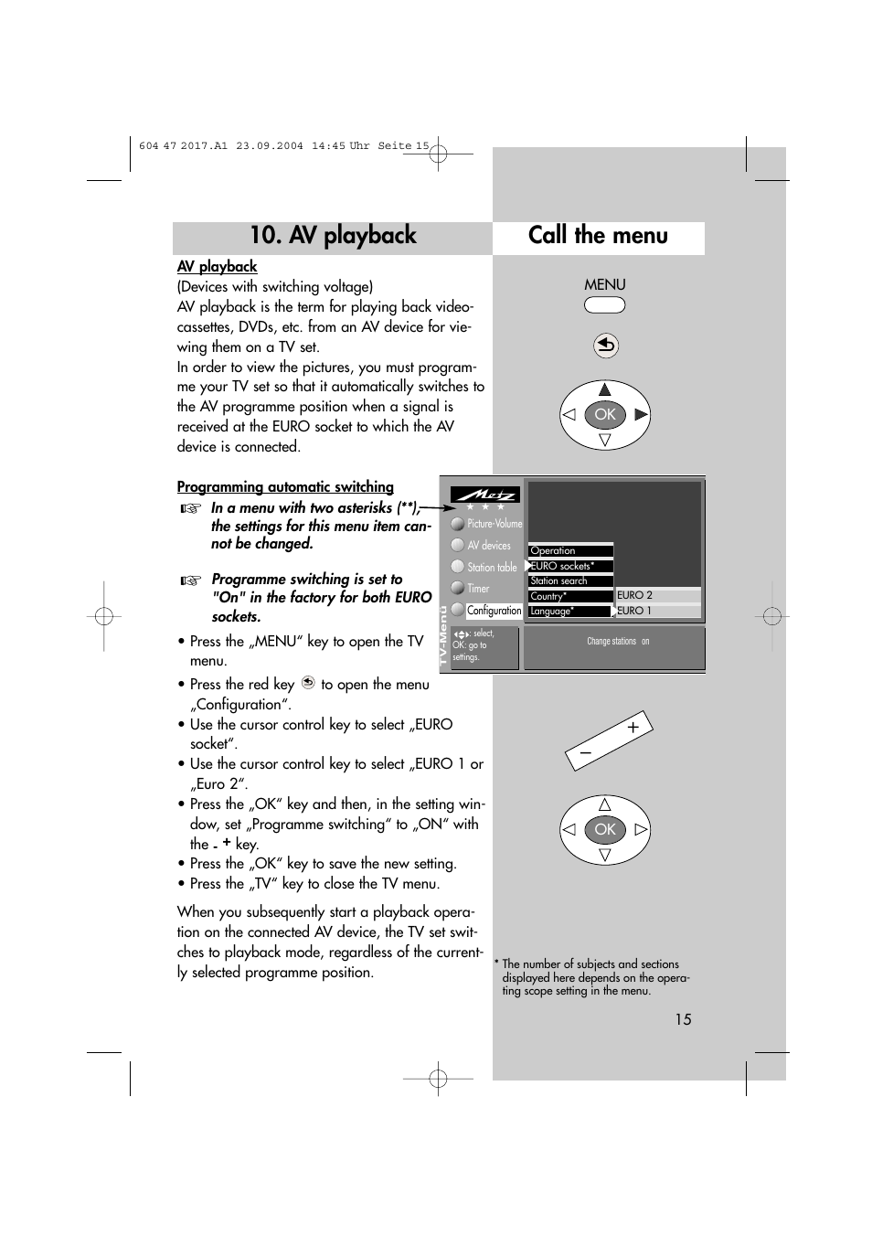 Call the menu, Av playback | Metz MF 72TL68 User Manual | Page 15 / 64