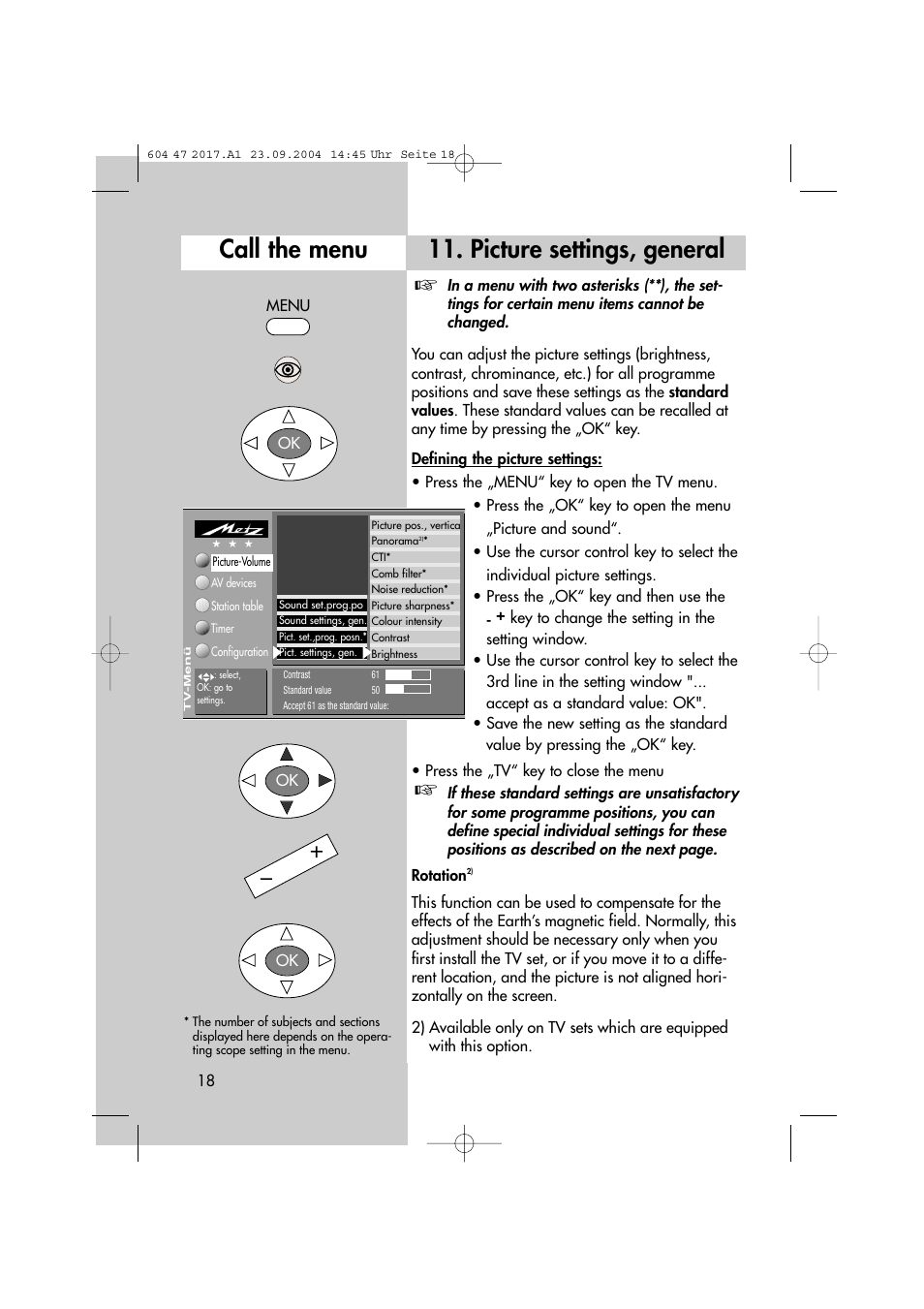 Picture settings, general, Call the menu | Metz MF 72TL68 User Manual | Page 18 / 64