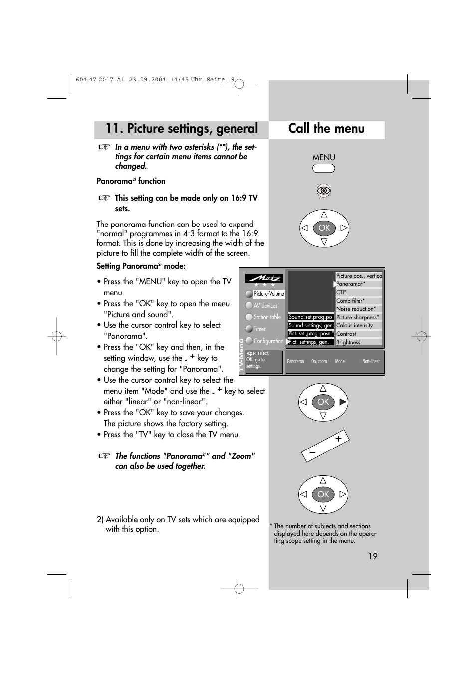 Call the menu, Picture settings, general | Metz MF 72TL68 User Manual | Page 19 / 64