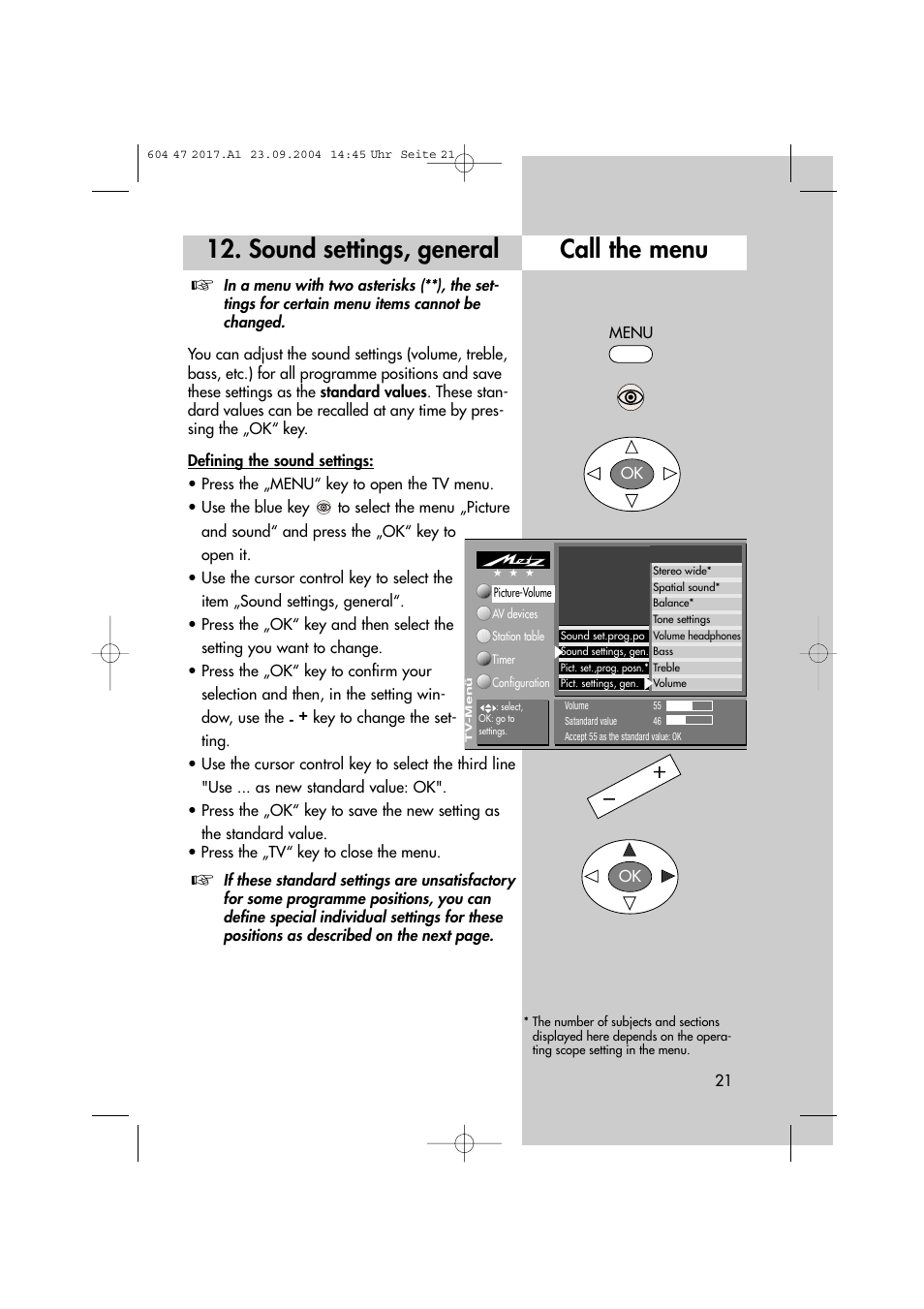 Call the menu 12. sound settings, general | Metz MF 72TL68 User Manual | Page 21 / 64
