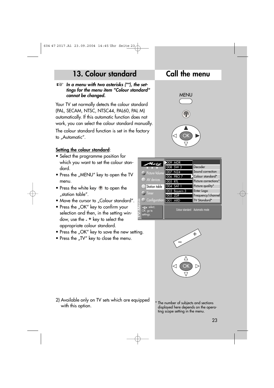 Call the menu 13. colour standard | Metz MF 72TL68 User Manual | Page 23 / 64