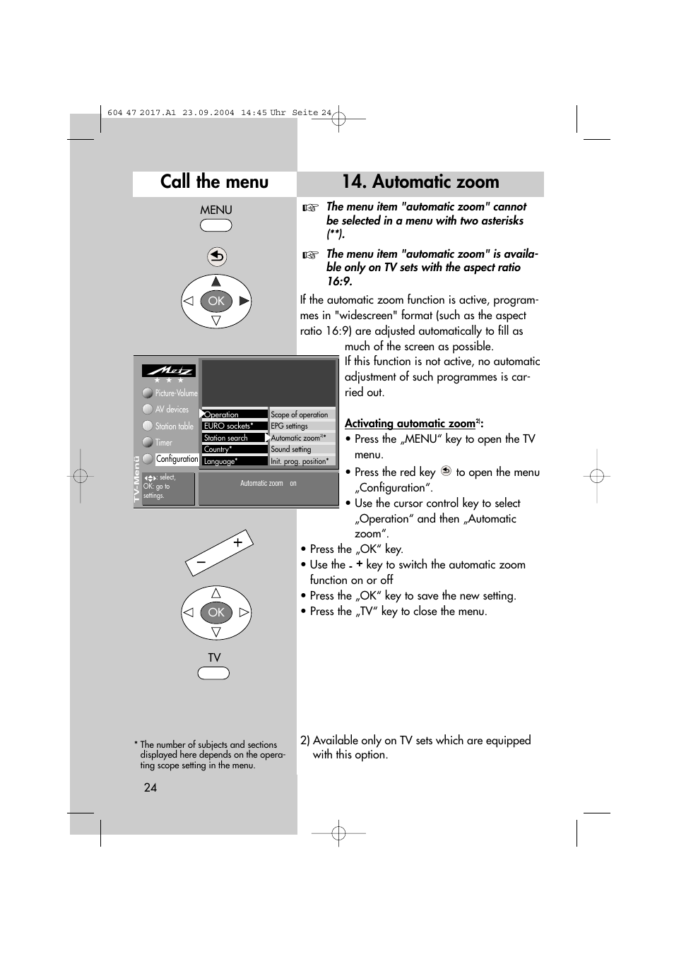 Call the menu 14. automatic zoom | Metz MF 72TL68 User Manual | Page 24 / 64