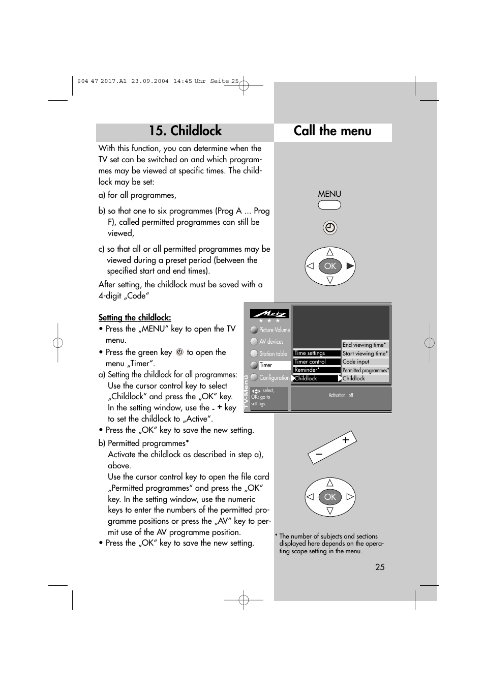 Childlock, Call the menu | Metz MF 72TL68 User Manual | Page 25 / 64
