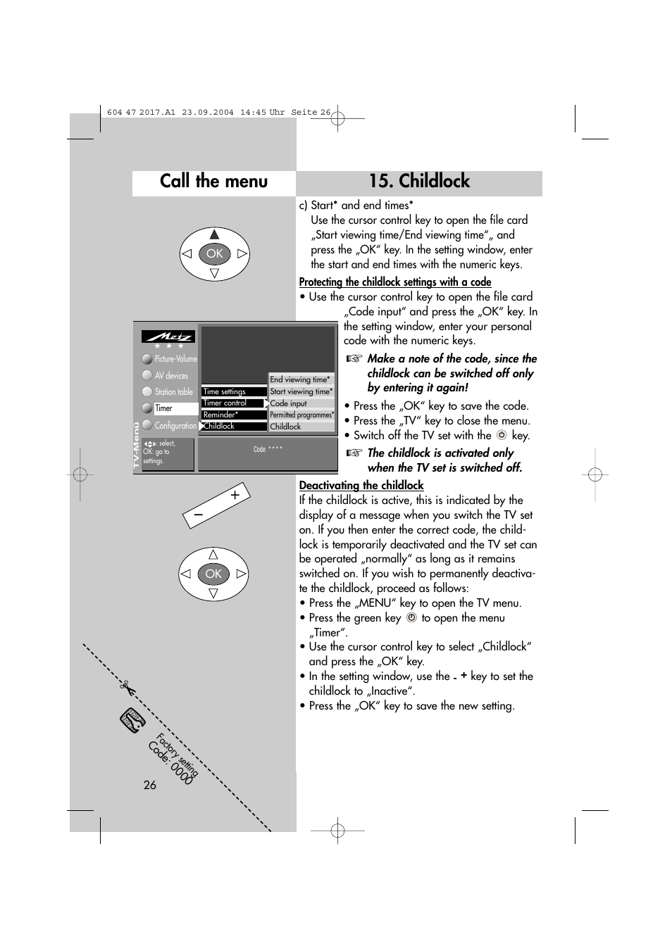 Call the menu 15. childlock | Metz MF 72TL68 User Manual | Page 26 / 64