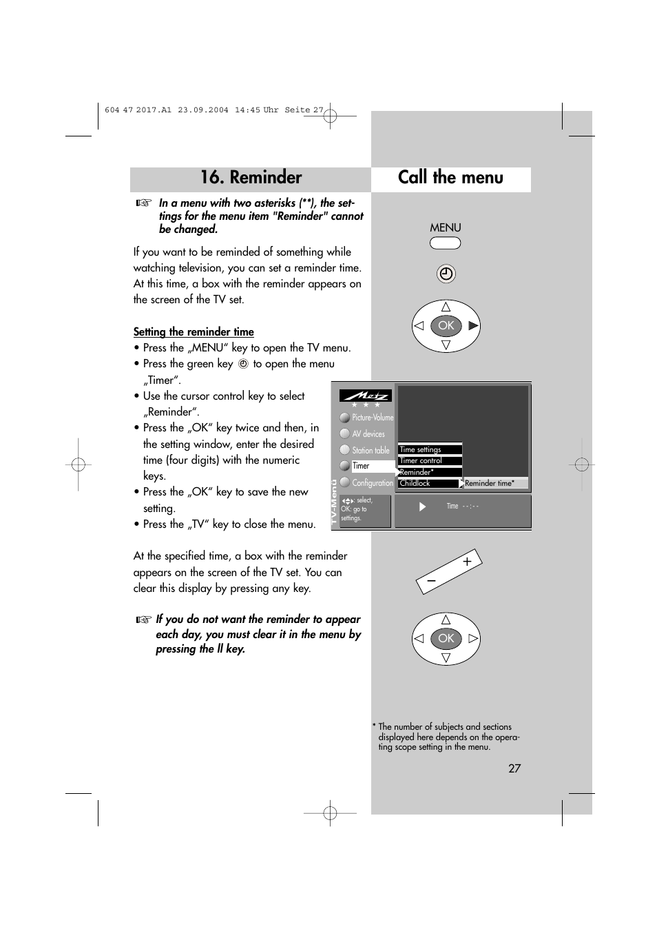 Call the menu, Reminder | Metz MF 72TL68 User Manual | Page 27 / 64