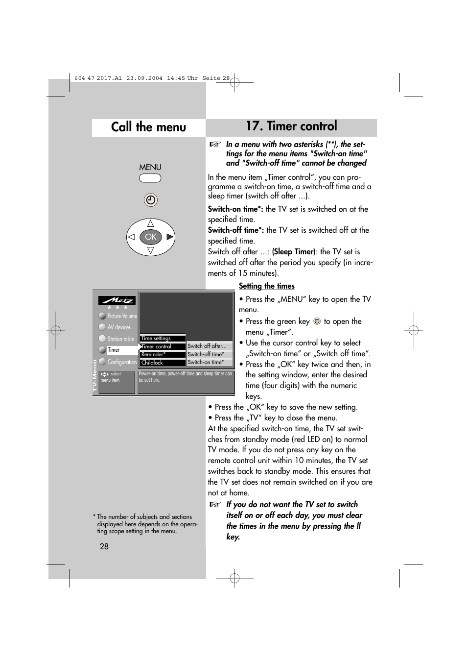 Timer control, Call the menu | Metz MF 72TL68 User Manual | Page 28 / 64