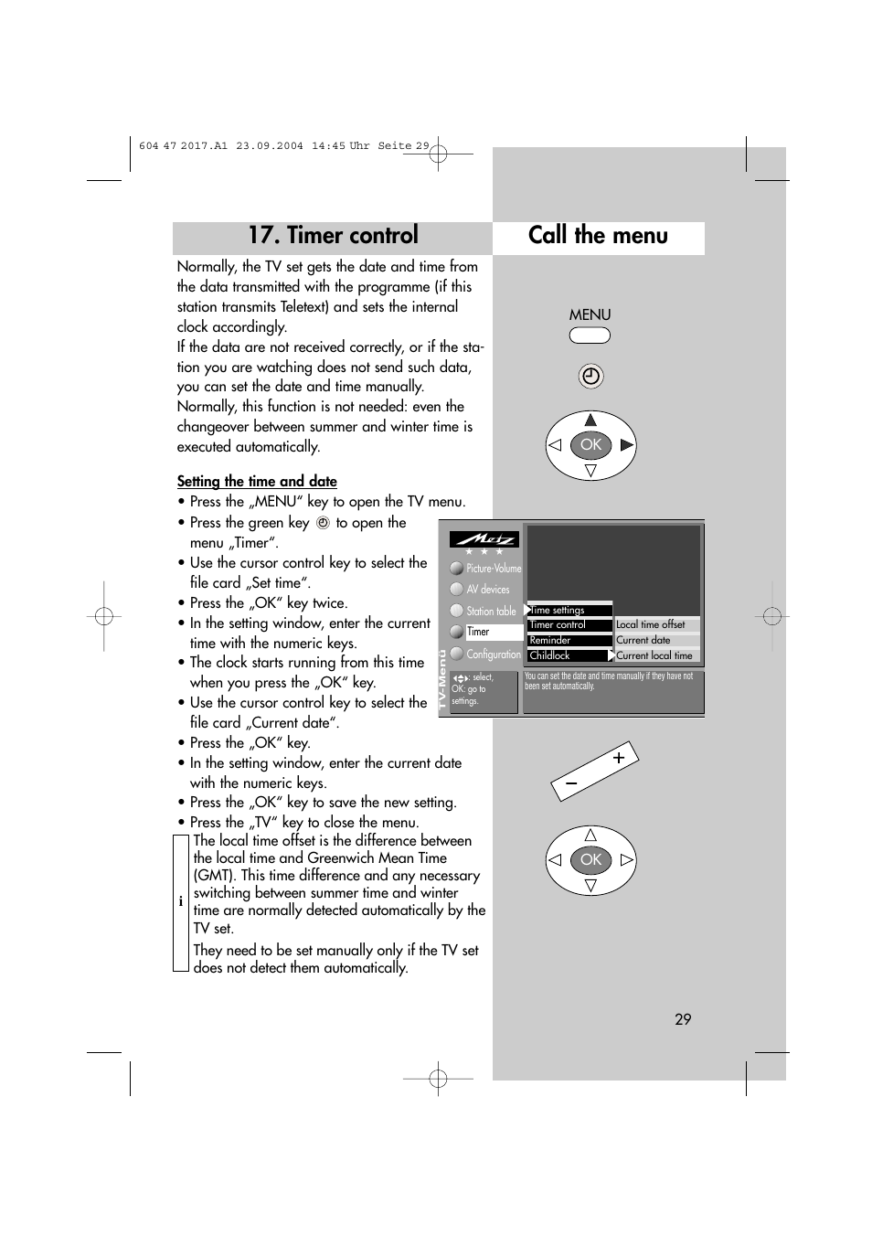 Timer control call the menu | Metz MF 72TL68 User Manual | Page 29 / 64