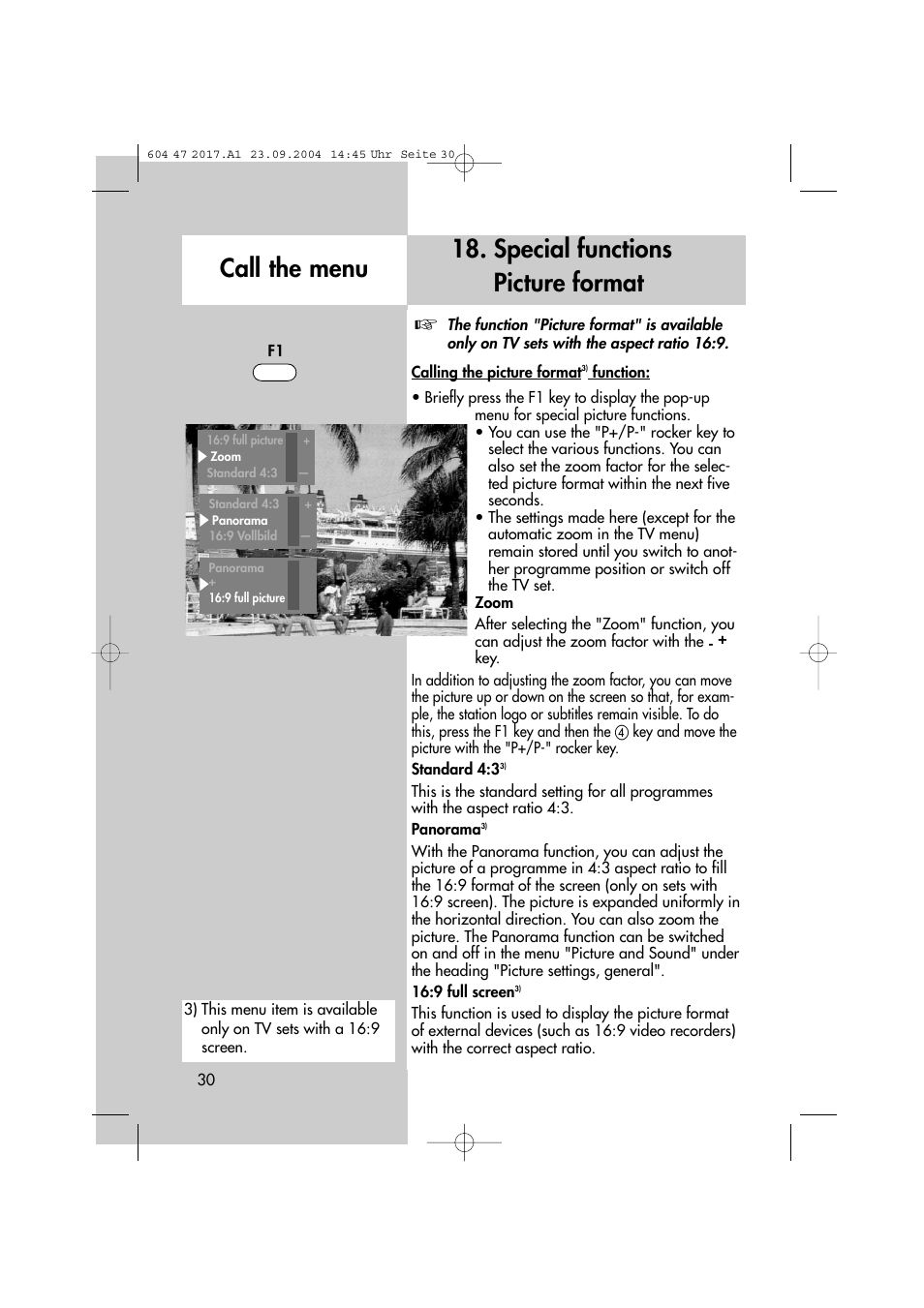 Special functions picture format call the menu | Metz MF 72TL68 User Manual | Page 30 / 64