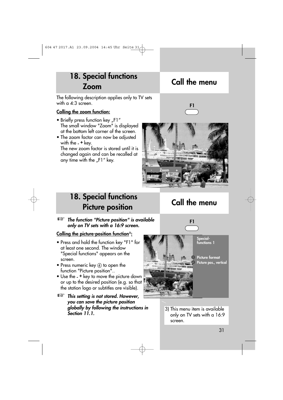 Special functions picture position call the menu, Special functions zoom call the menu | Metz MF 72TL68 User Manual | Page 31 / 64