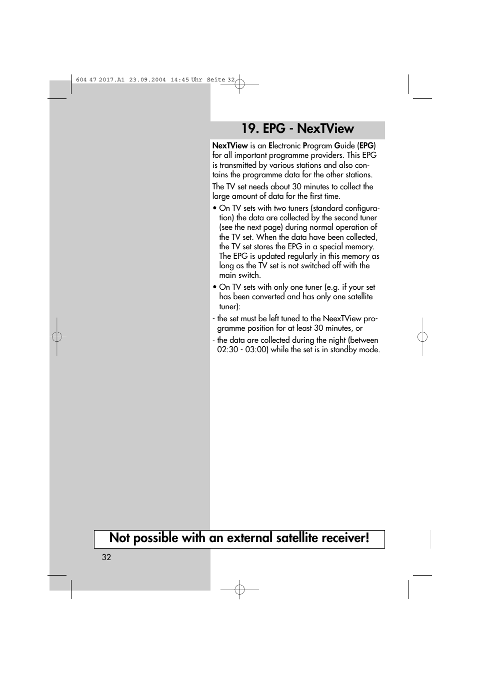 Epg - nextview, Not possible with an external satellite receiver | Metz MF 72TL68 User Manual | Page 32 / 64