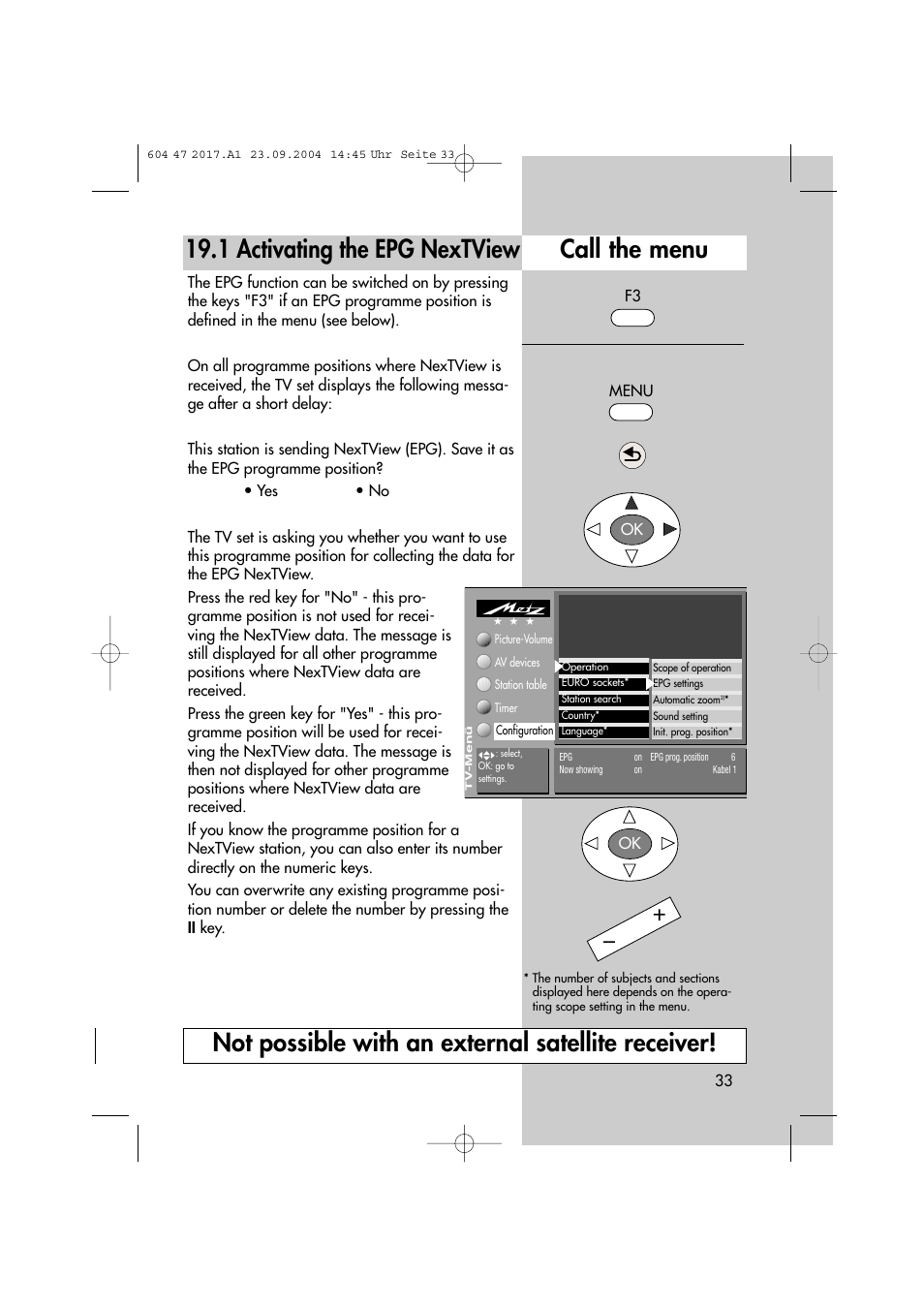 1 activating the epg nextview, Call the menu, Not possible with an external satellite receiver | Metz MF 72TL68 User Manual | Page 33 / 64