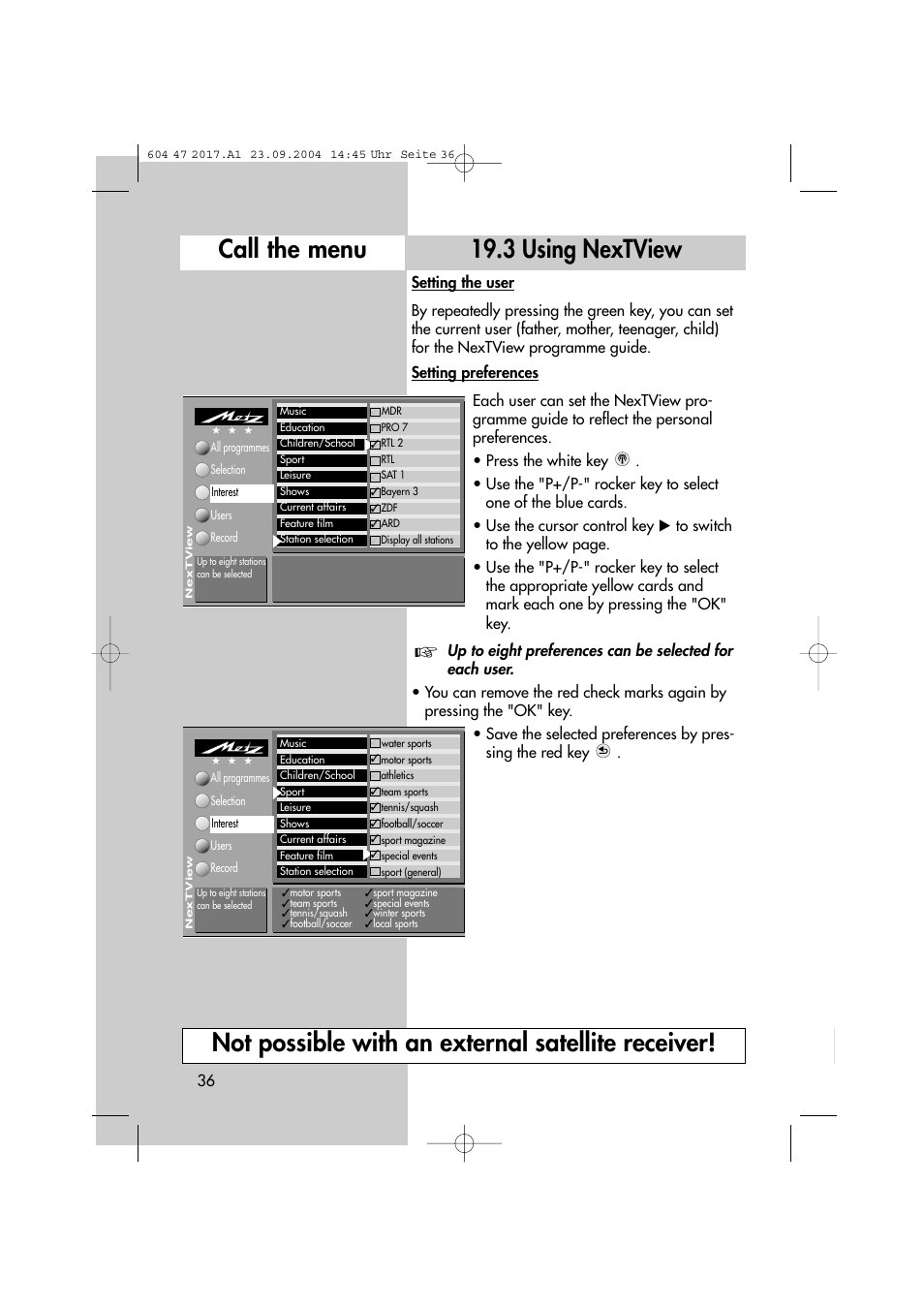 3 using nextview call the menu, Not possible with an external satellite receiver | Metz MF 72TL68 User Manual | Page 36 / 64