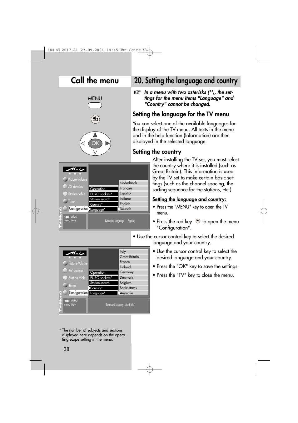 Setting the language and country, Call the menu, Setting the language for the tv menu | Setting the country | Metz MF 72TL68 User Manual | Page 38 / 64
