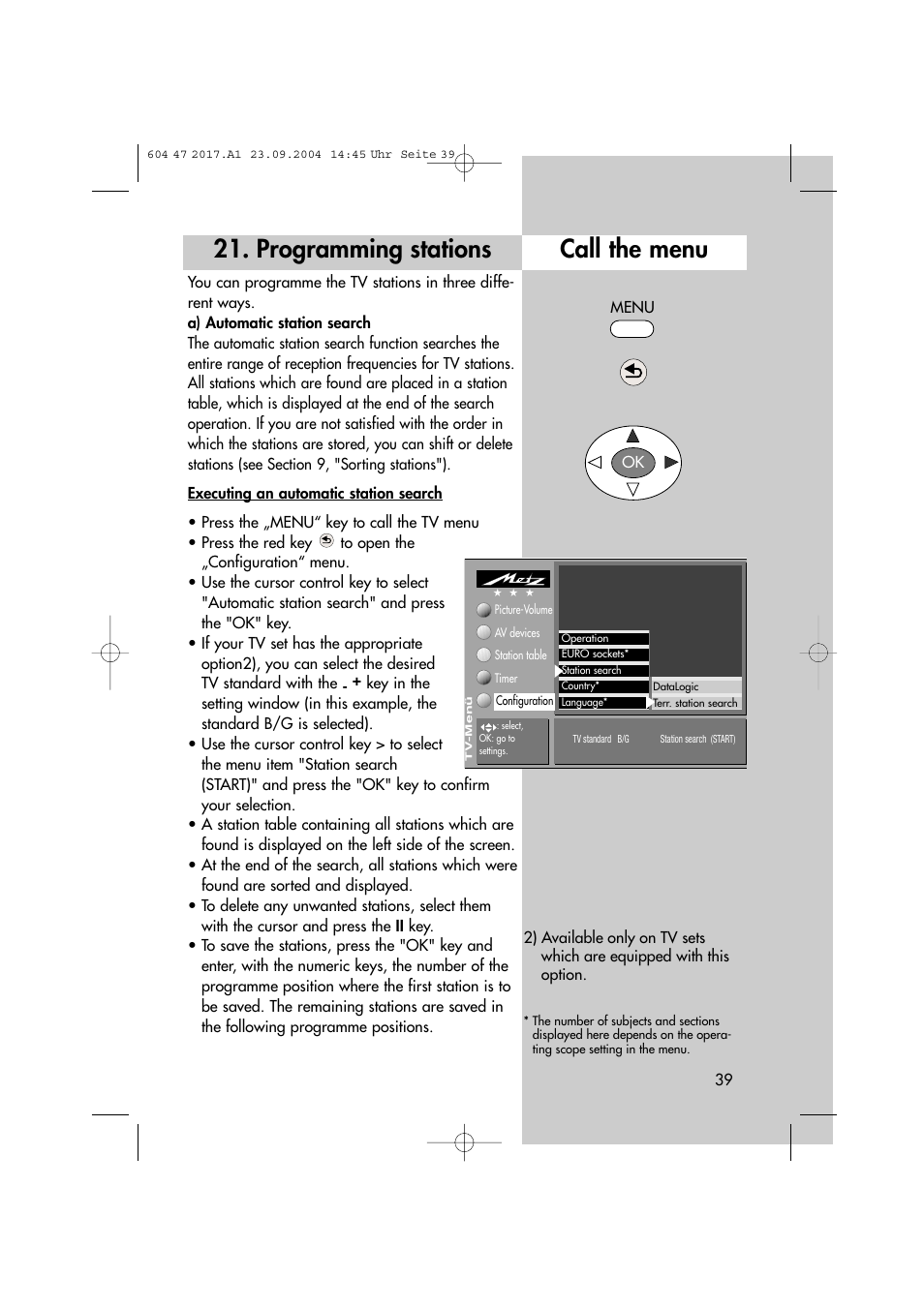 Programming stations, Call the menu | Metz MF 72TL68 User Manual | Page 39 / 64